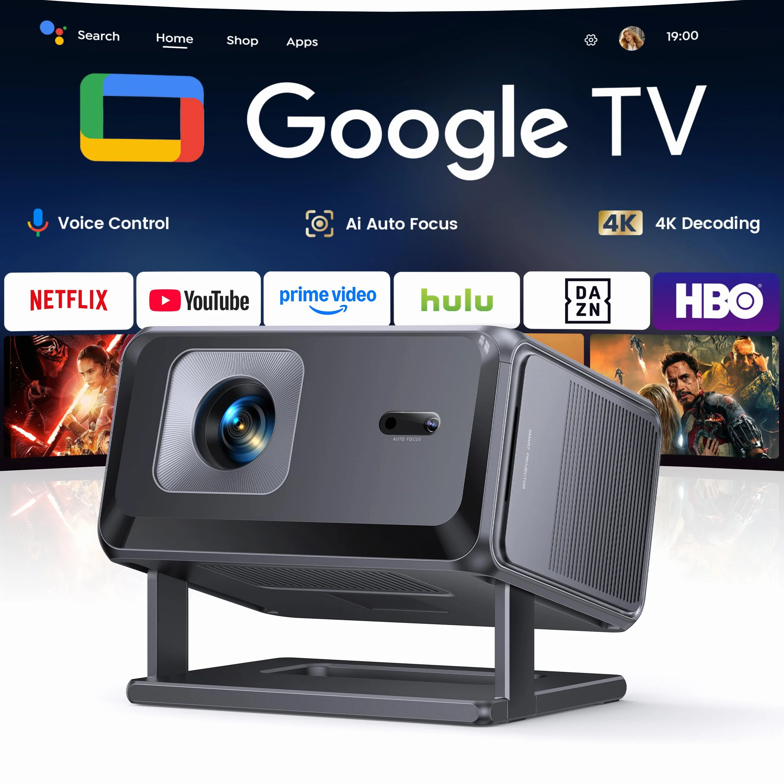 Vidéoprojecteur 4K【Google TV/Auto Focus/Keystone】Mini Projecteur Portable FHD 1080P Courte Focale, Contrôle Vocal, TOPTRO Rétroprojecteur Portable avec WiFi6, Bluetooth 5.4, Zoom 50 % pour Home Cinéma
