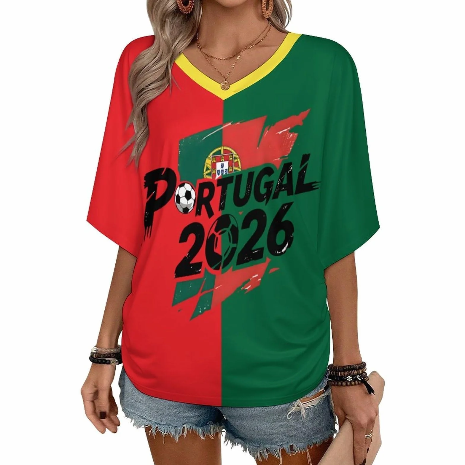 T Shirt Personnalisé Femme Fan Foot Coupe du Monde Oversize Col V Imprimé Drapeau National Maillot Manches Courtes 2026