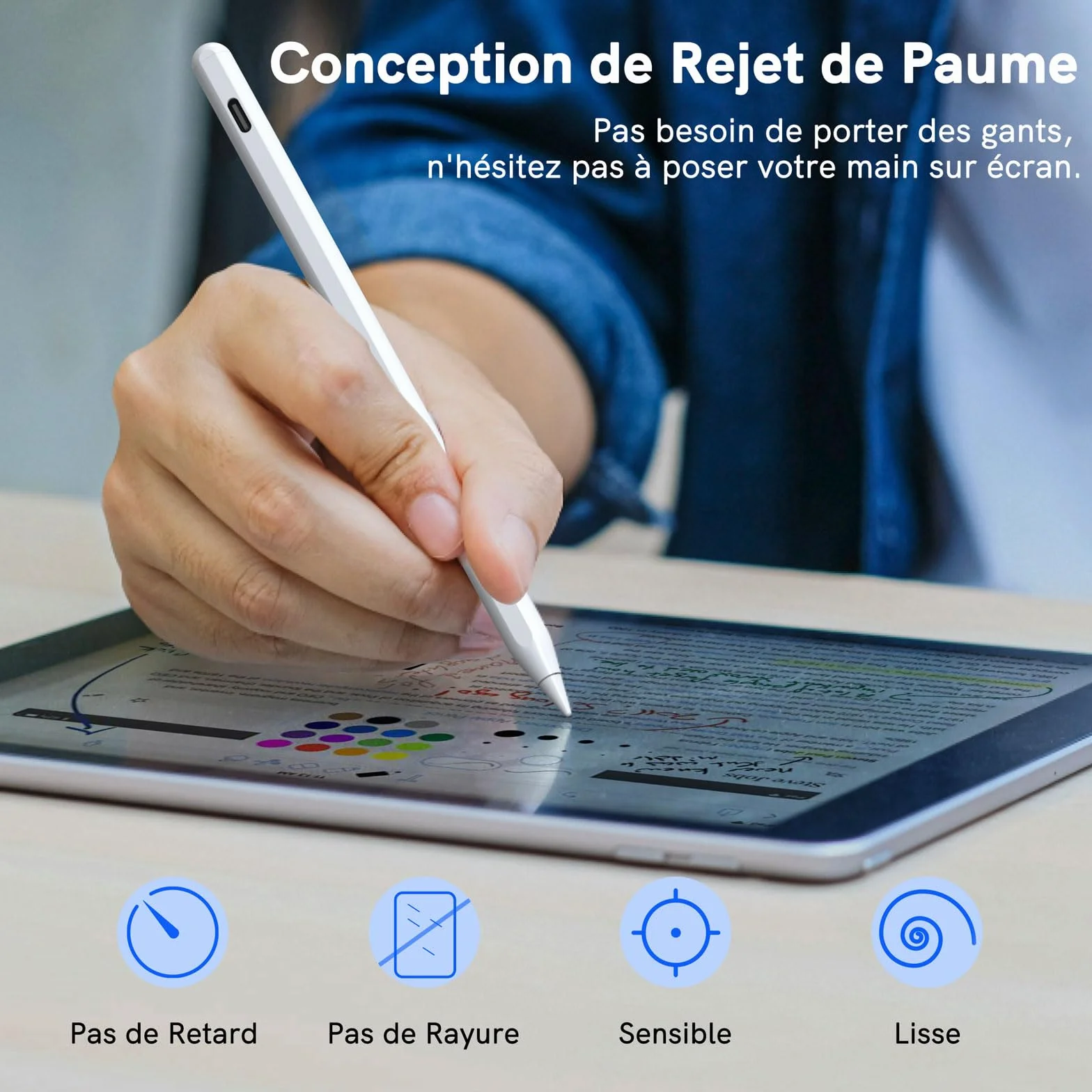 Stylet iPad Chargement Sans Fil, Stylus Pen avec Rejet de Paume, Crayon Compatible iPad 6/7/8/9/10, Pro 11" 4/3/2/1, 12,9" 6/5/4/3, Air 3/4/5, Mini 5/6