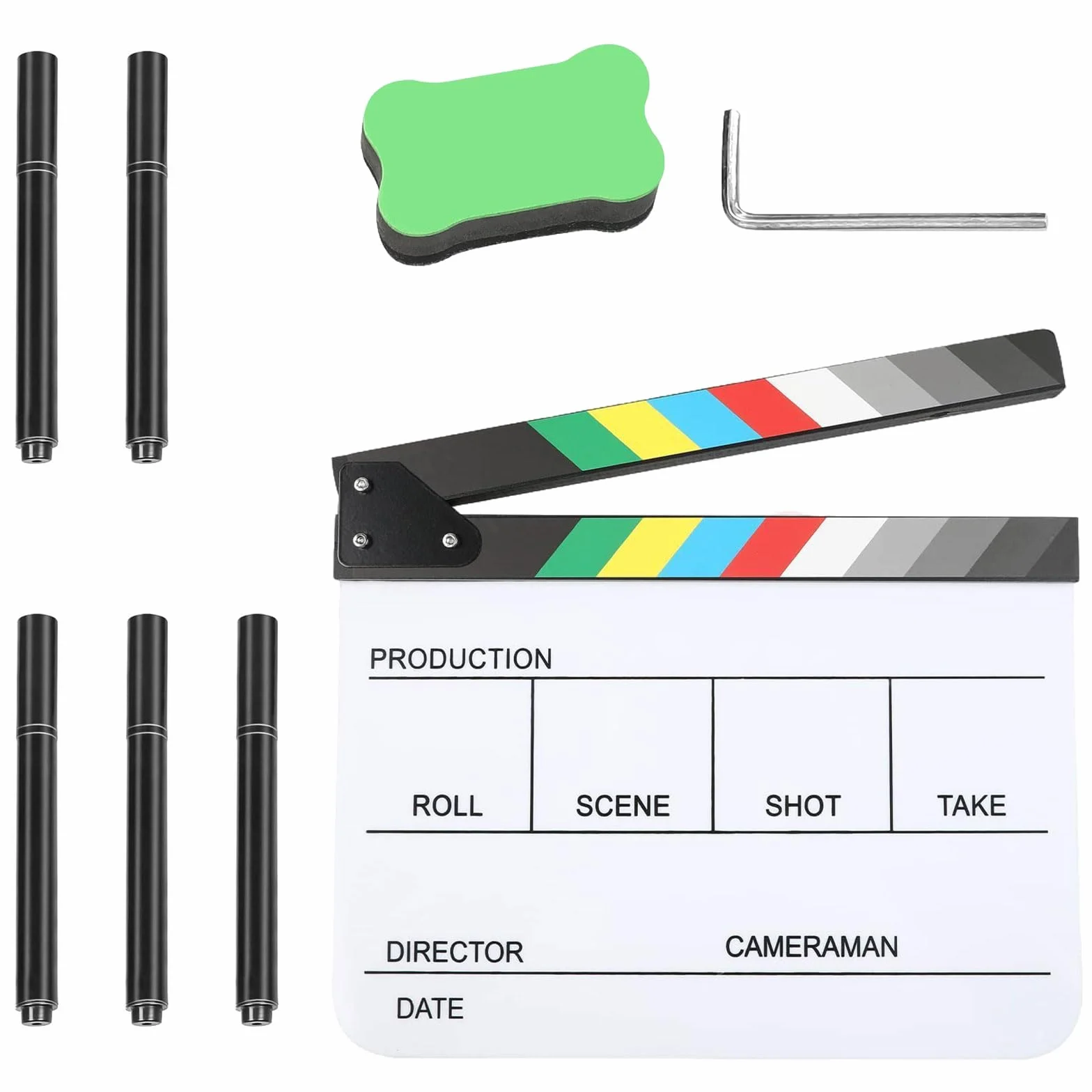 Clap de Cinéma 30 x 25cm,Acrylique Film Clapper,avec effaceur magnétique,2 stylos,Clap Cinéma pour Tournage Film,Tournage Vidéo,Blanc