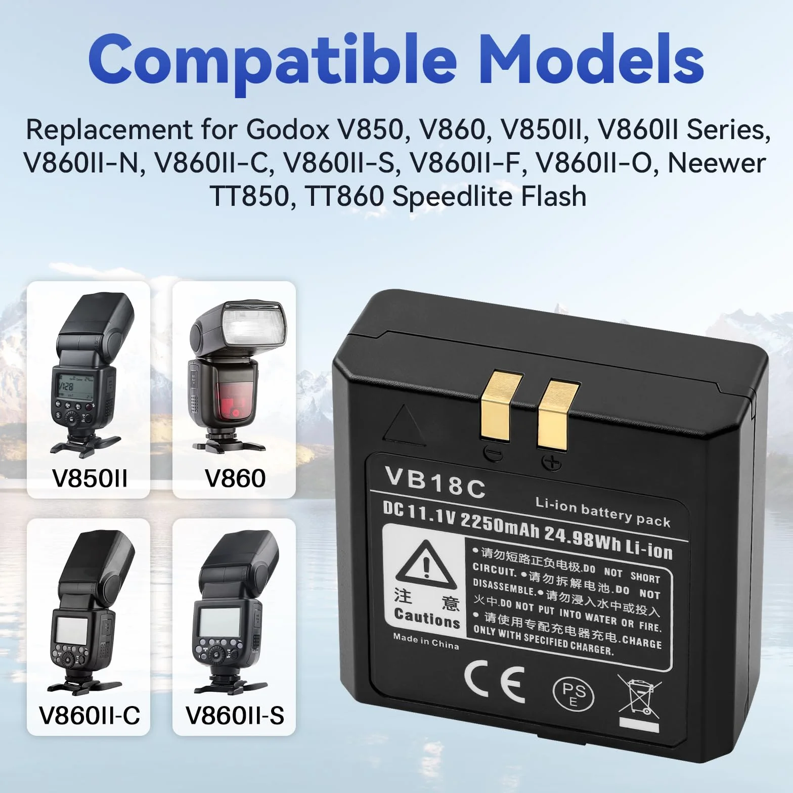 K KYUER VB18 Flash Batterie pour Godox V850 V860 V850II V860II Series, 2250mAh Batterie Compatible avec V860II-N V860II-C V860II-S V860II-F V860II-O, Neewer TT850, TT860 Speedlite Flash, Type-C Cable