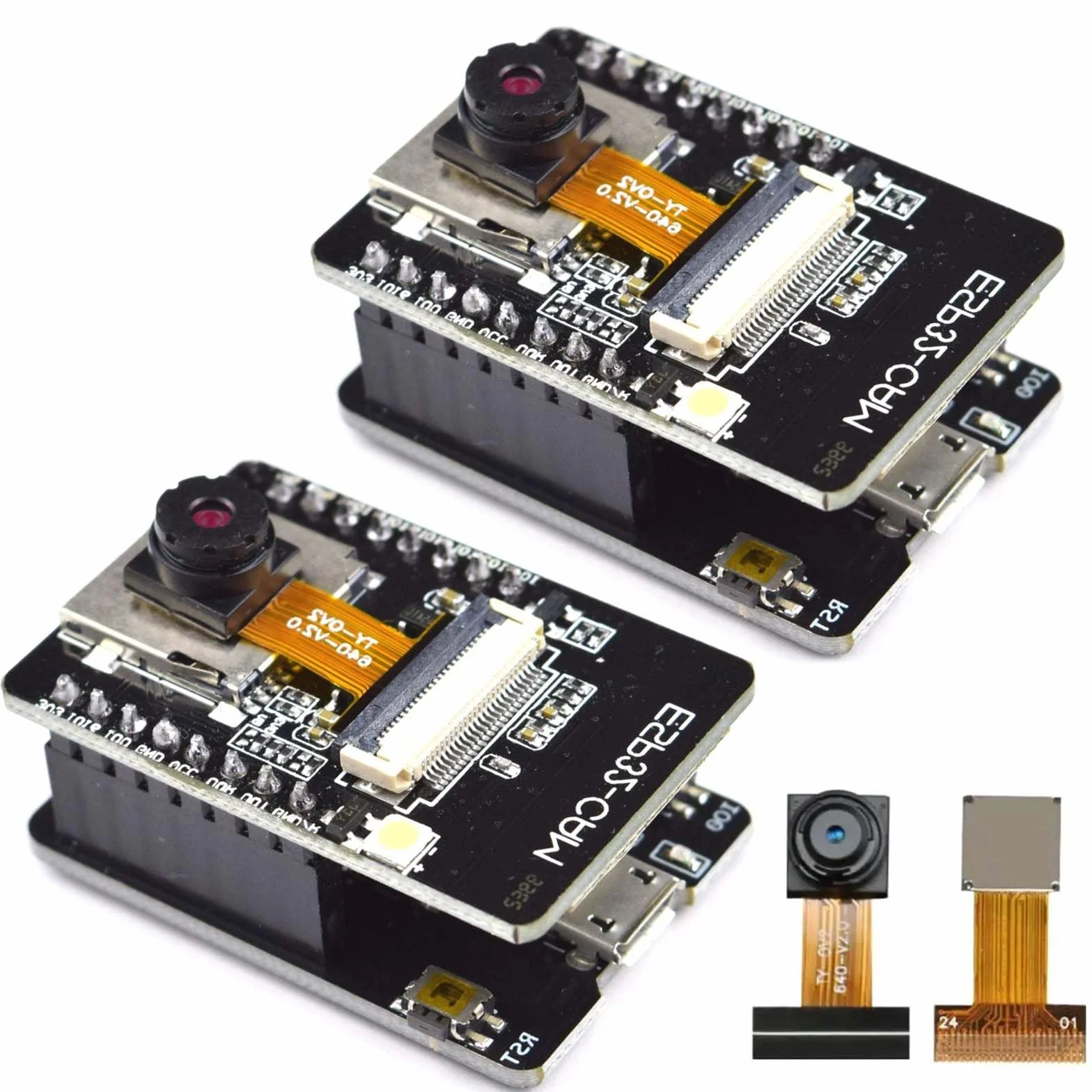 Lot de 2 cartes de développement ESP32 CAM WiFi Bluetooth : ESP32 CAM avec module de carte TF 2640 & 7670, module de caméra ESP32-CAM-MB 2640, module de caméra WiFi Bluetooth, compatible
