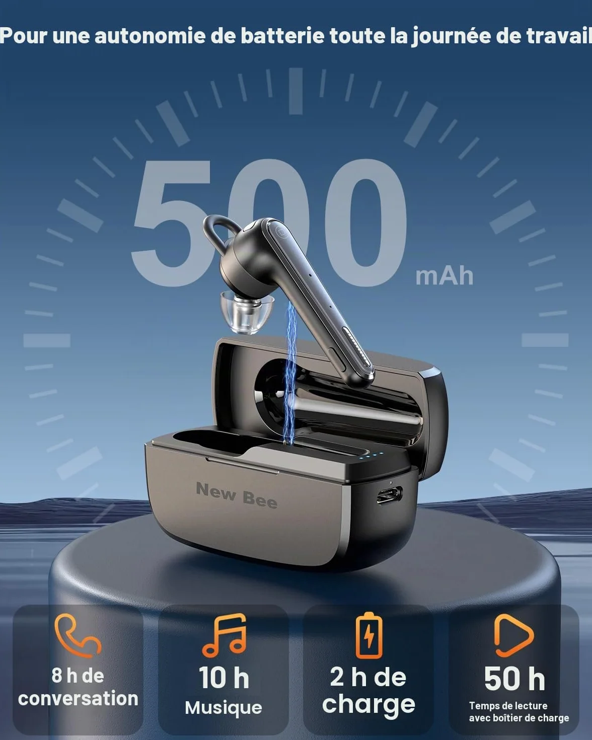 New Bee oreillette Bluetooth sans Fil V5.1 avec 50 Heures d'autonomie, kit Main Libre Ultra-léger avec Annulation du Microphone ENC, Connexion à Deux appareils pour Conduite/Affaires