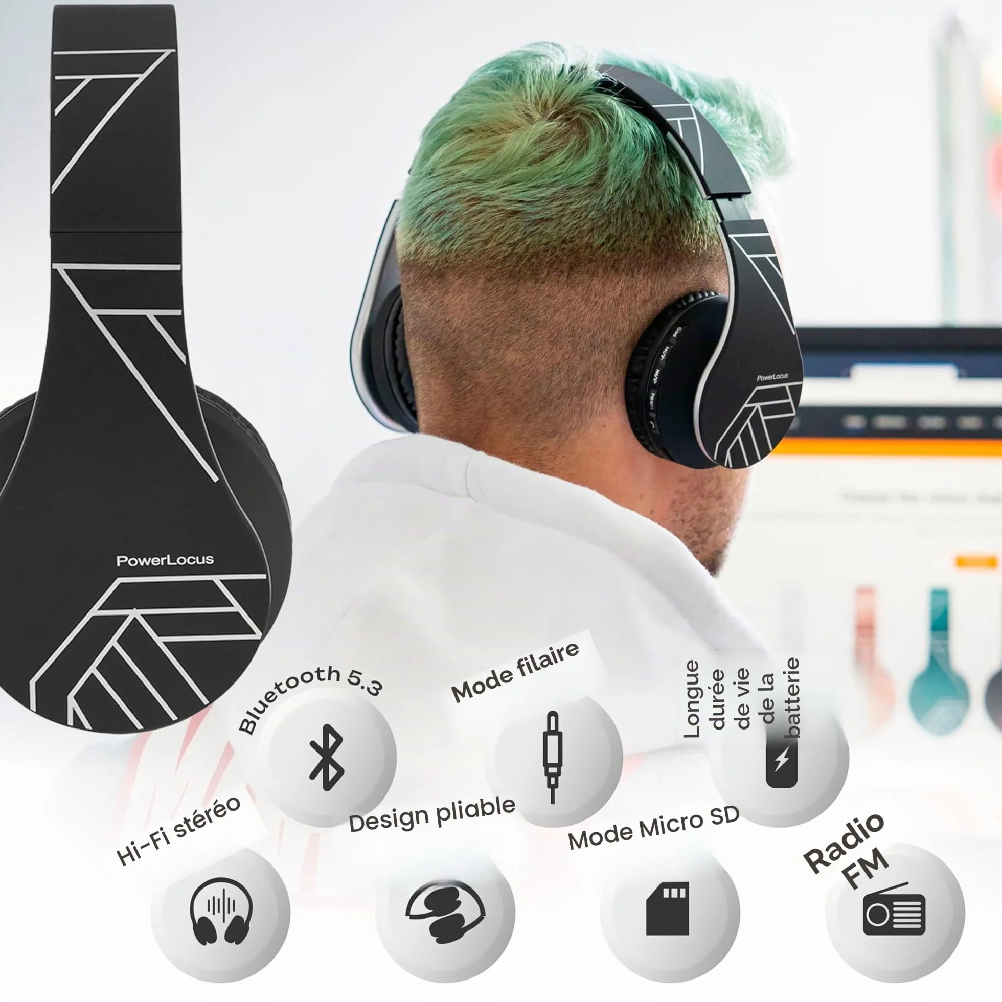 PowerLocus Casque Bluetooth sans Fil, Pliable Casque Audio Stéréo, Oreillette Bluetooth avec Micro Intégré/Micro SD/FM Radio pour Téléphones/PC/Tablettes/TV (Noir/Argent)