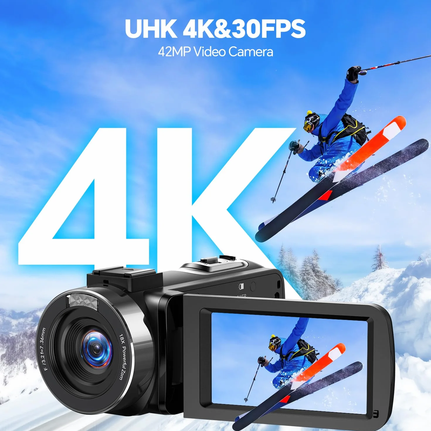 Caméscope 4K 42MP avec Zoom 18x Écran Rotatif 3 Pouces 270° Lumière LED Fonction Webcam 2 Batteries Carte SD 32GB Télécommande