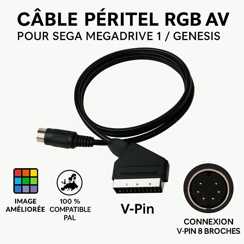 Câble Péritel AV RGB SCART pour Sega Megadrive 1 PAL – Genesis – Vpin – Connexion Haute Qualité – 1,80 m