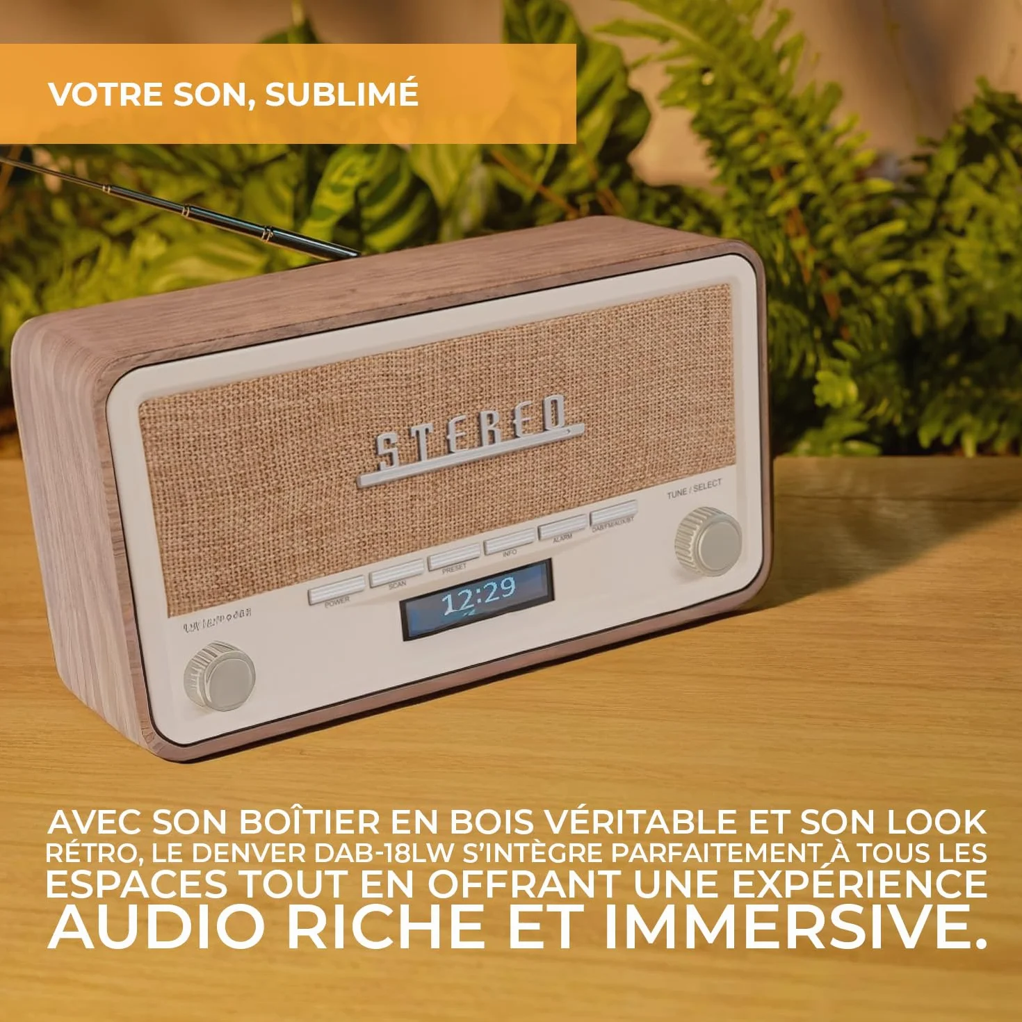 Denver DAB-18LW Radio numérique Dab+/FM Bluetooth, AUX, écran LCD, Horloge-réveil, Finition Bois Clair
