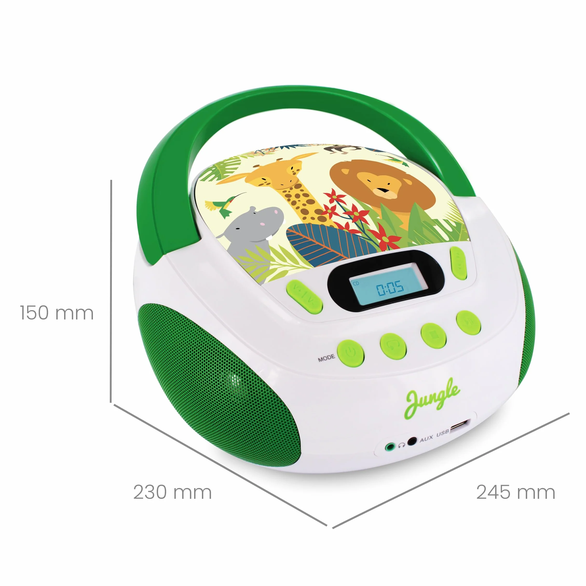 MOOOV Lecteur CD Enfant Jungle MP3 USB AUX-in Prise Casque Portable Vert Blanc