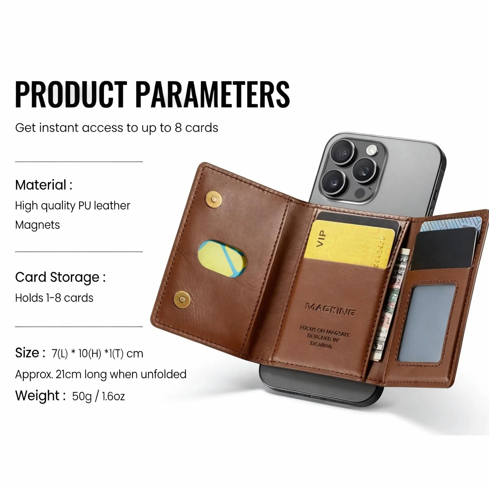 Portefeuille Cuir PU RFID 8 Cartes pour iPhone 17/16/15/14/13/12 Marron