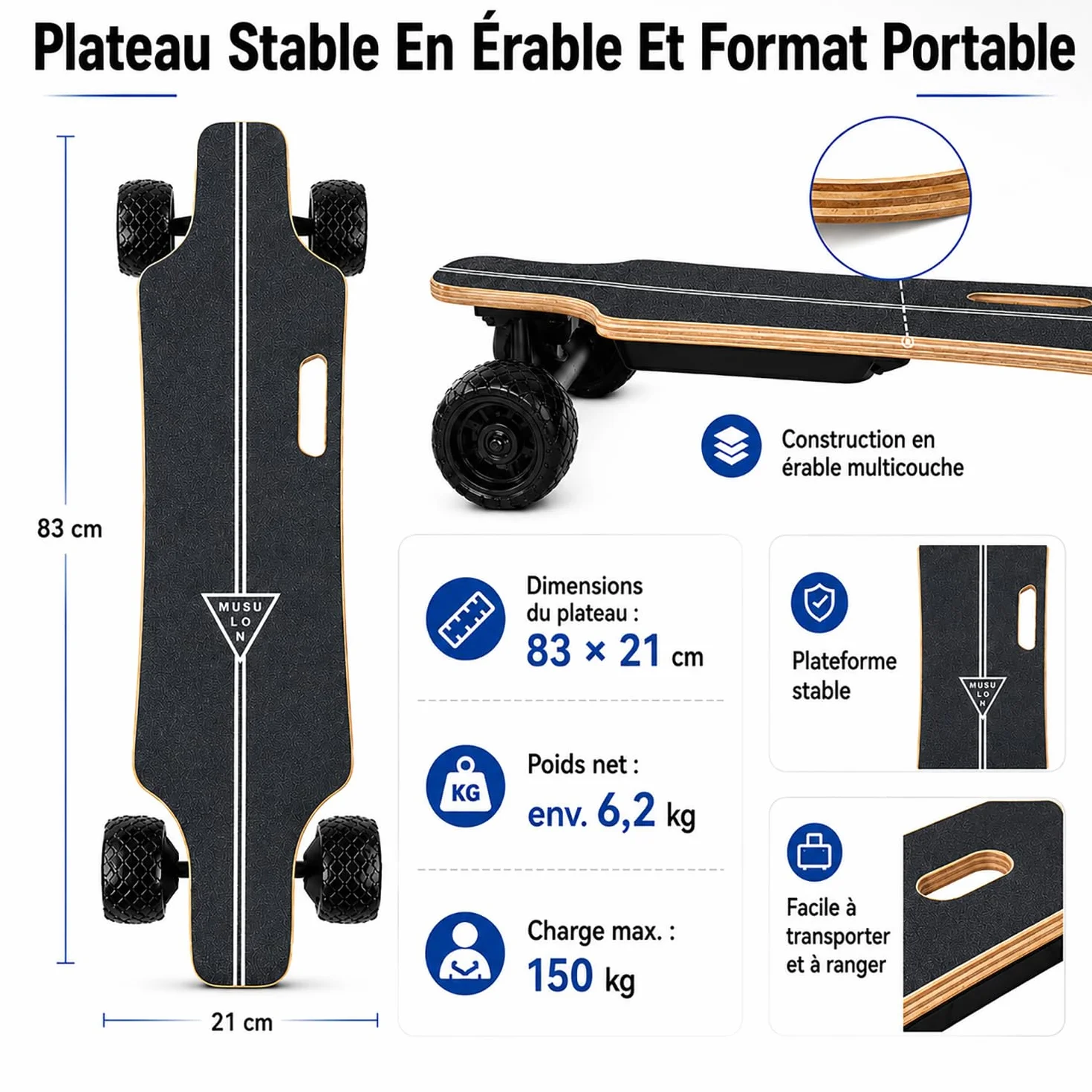 Skate Électrique Portable 105mm Double Moteur Télécommande LCD