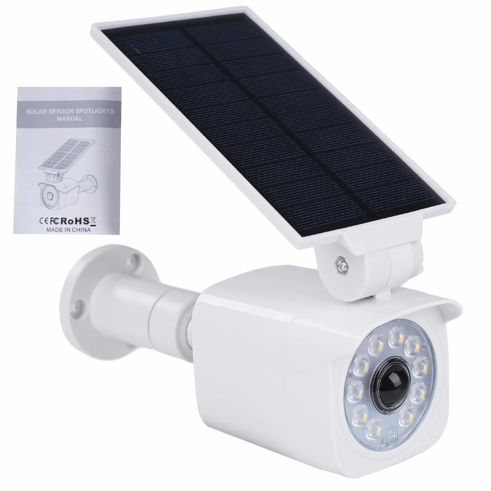 Lampes solaires d'extérieur avec détecteur de mouvement Lampes solaires LED avec caméra factice Caméra de surveillance factice 360° Panneau solaire pivotant à 120° 5V/1.5W 2200mAh IP65 Blanc.