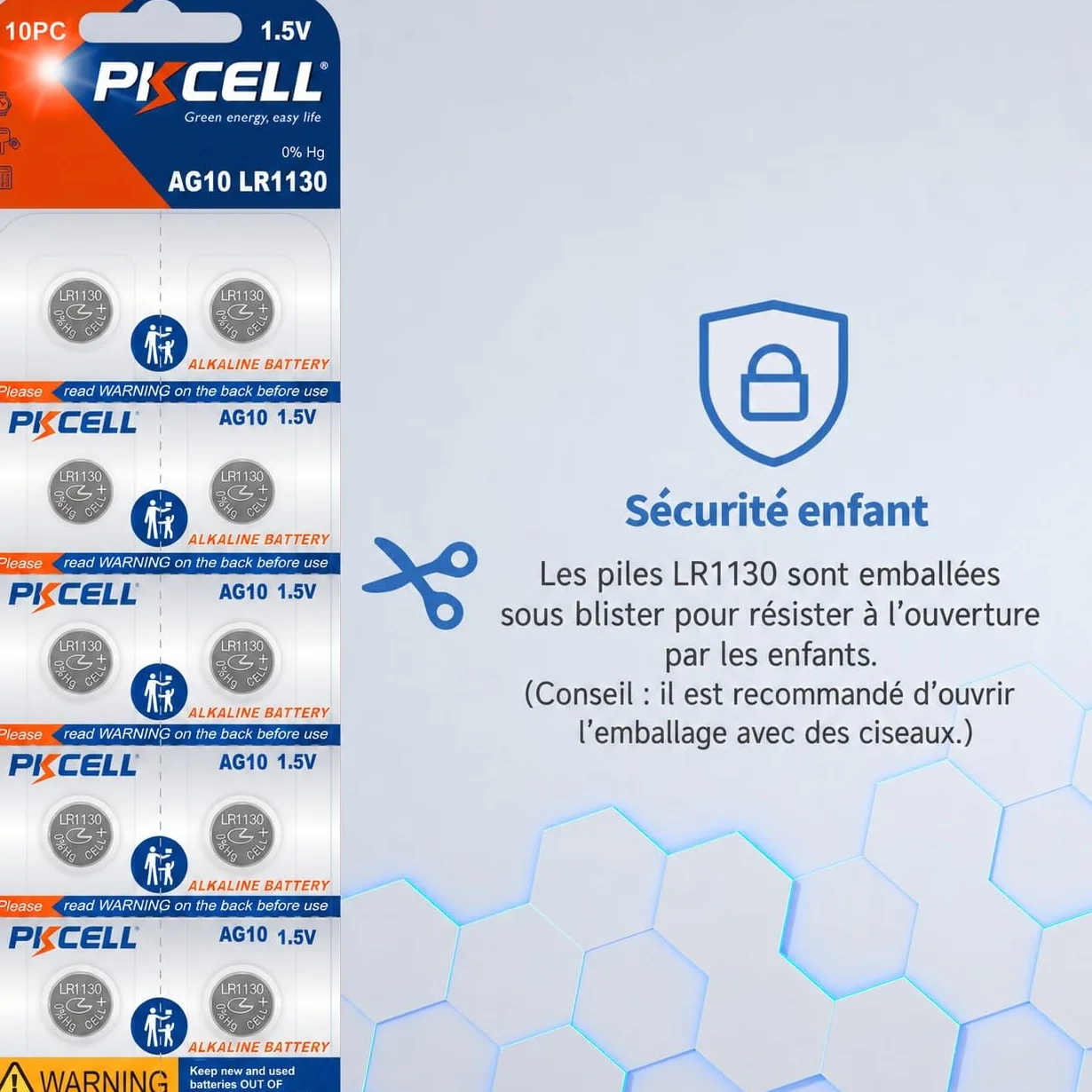 PKCELL LR1130 AG10 Piles Bouton alcaline Longue durée Lot de 20