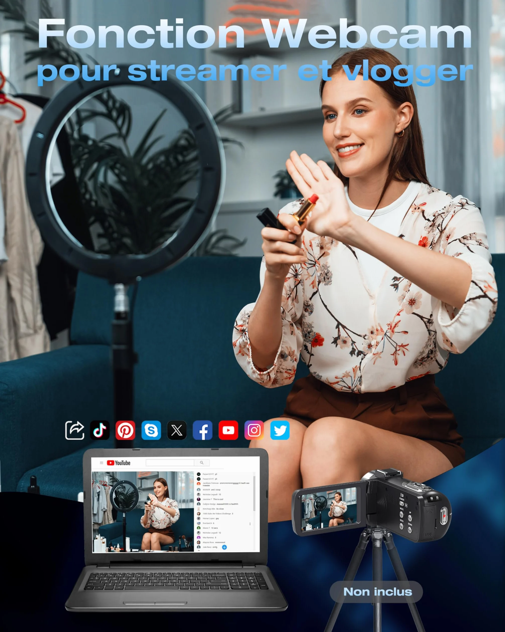Caméscope 4K 80MP 30FPS Vision Nocturne Infrarouge Zoom 18X Écran IPS 3,0 Pouces avec 2 Piles et Carte SD 32Go