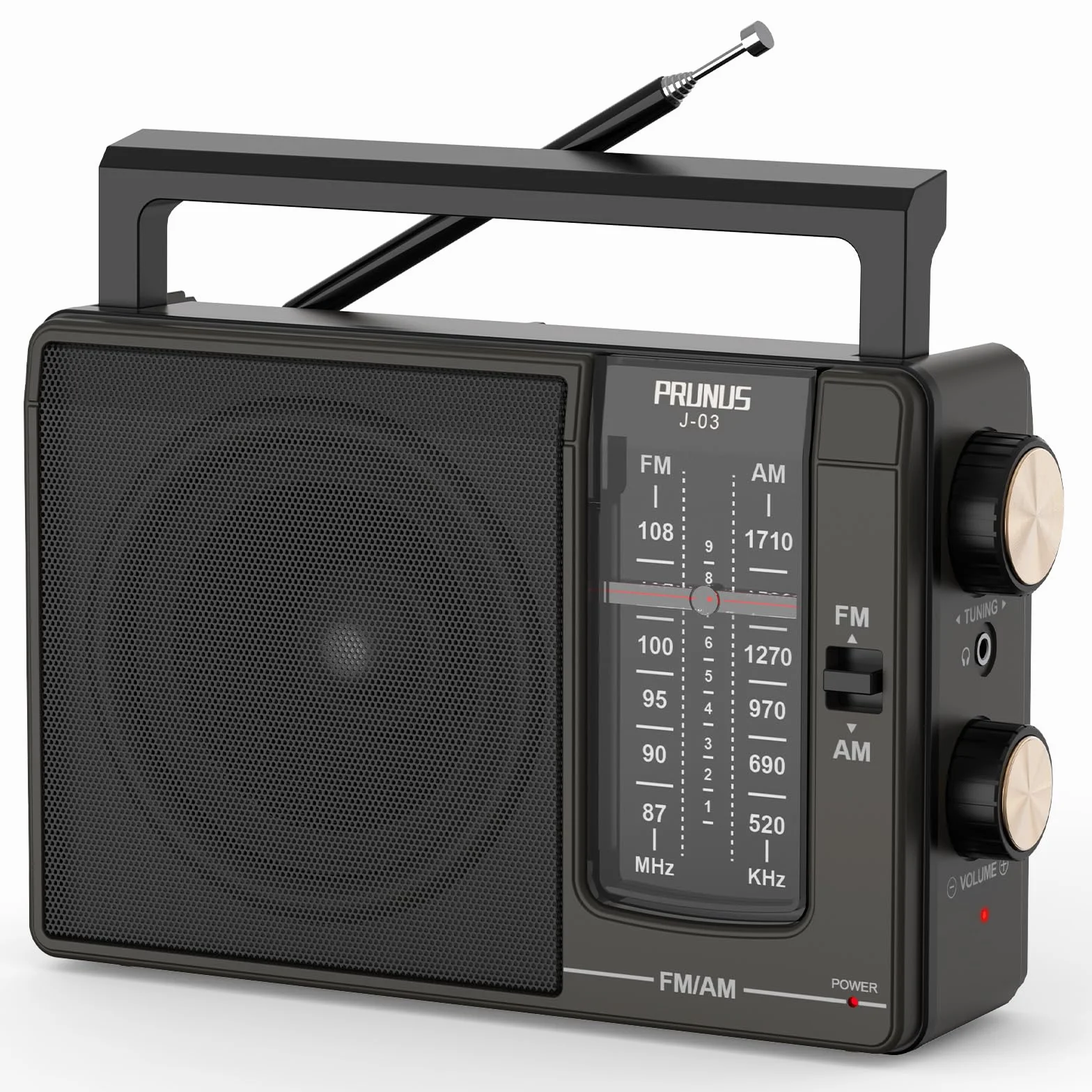 Poste Radio FM/AM PRUNUS J-03 Radio Portable Piles et Secteur, Transistor Haute Performance, Excellente Réception DSP, Haut-Parleur Puissant, Prise Casque 3.5mm - Idéal pour Personnes Âgées, Cuisine