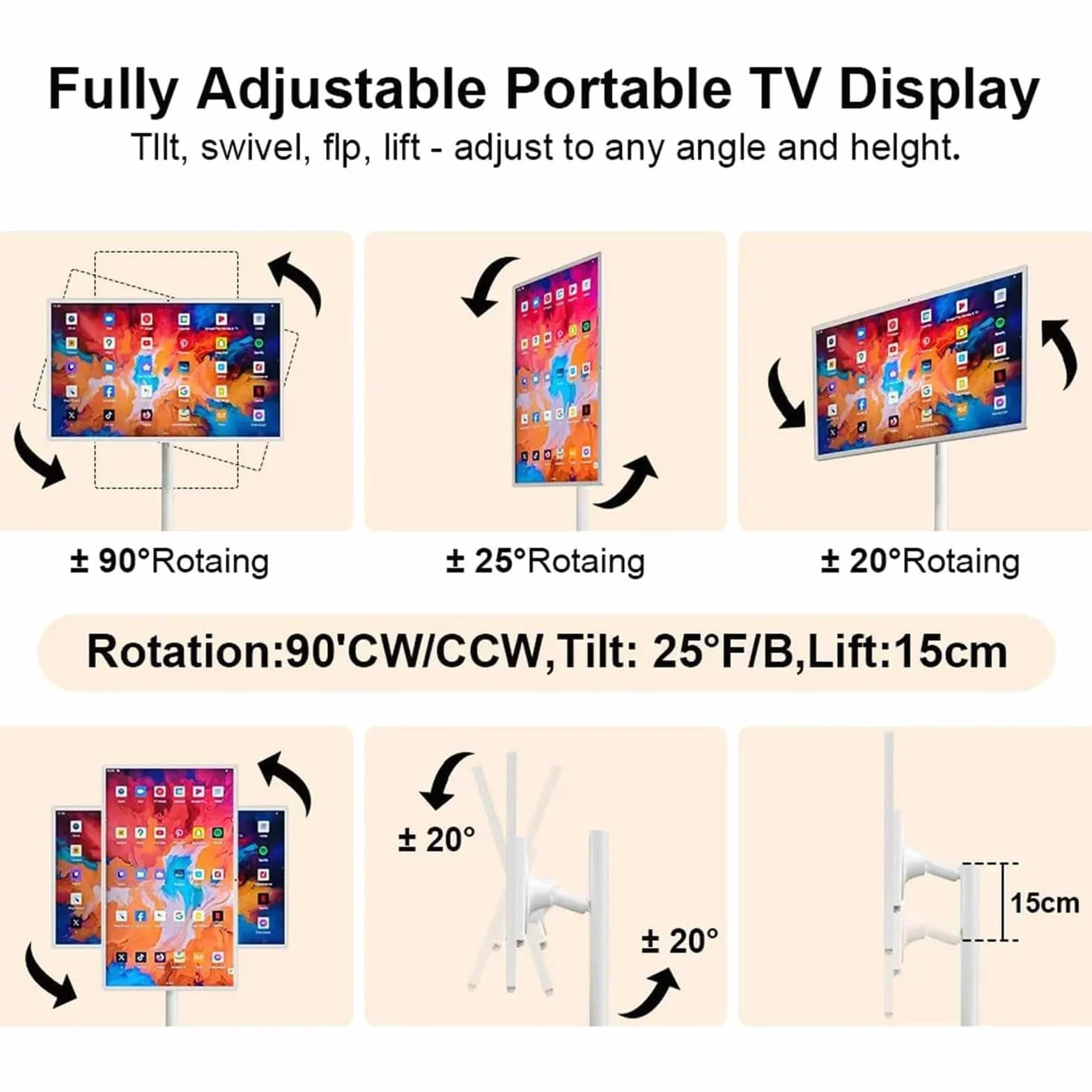 TV Portable à écran Tactile 21,5/24/27/32 inch 1080p Portable Smart Monitor, Smart TV Mobile à écran Tactile Rotatif TV Portable sur Pied Moniteur D'extérieur Alimenté par Batterie 32in
