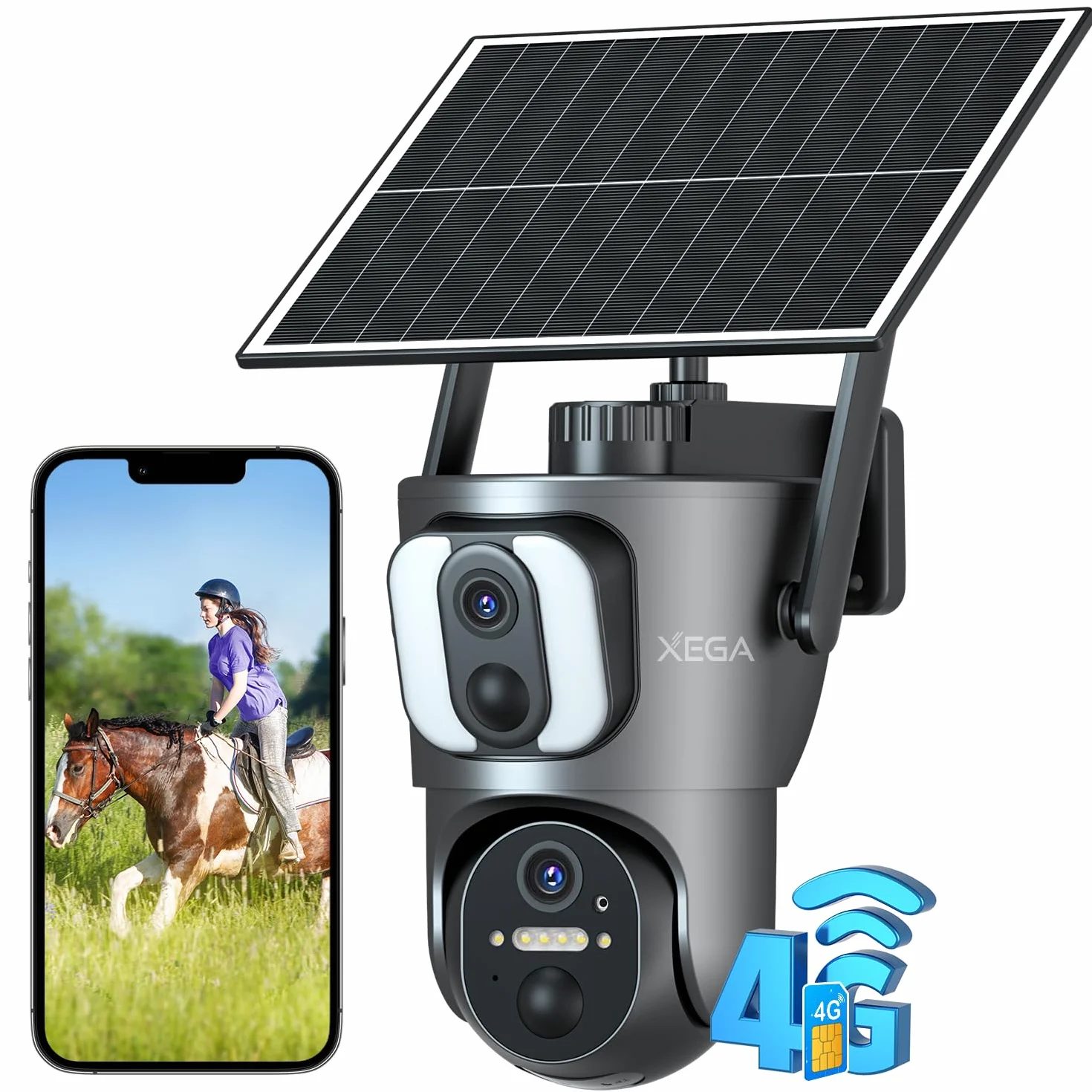 Xega 4G LTE Caméra Solaire【Double Objectif】avec Carte Sim, 14400mAh Camera Extérieure sans Fil, Détection de Personne 2K HD Inclinable 355°/100°, Autonome sur Batterie,Vision Nocturne IP66 (Non WiFi)