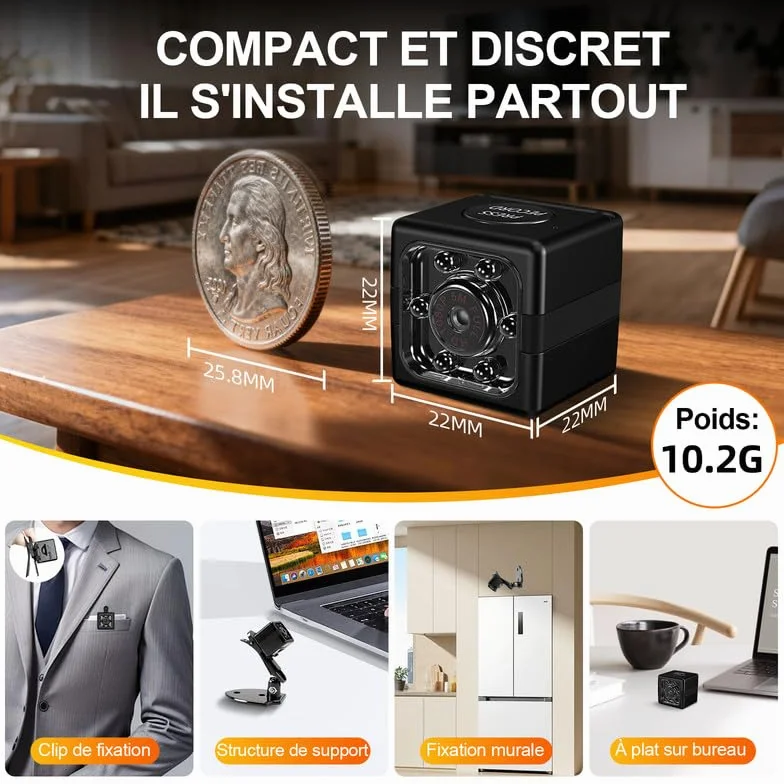 Camera Espion sans Fil 1080P-Mini Caméra Cachée Discrète avec Détection Mouvement et Vision Nocturne, Caméra Surveillance Intérieure Sans Internet ni App, Autonomie Longue Durée pour Maison Exterieur
