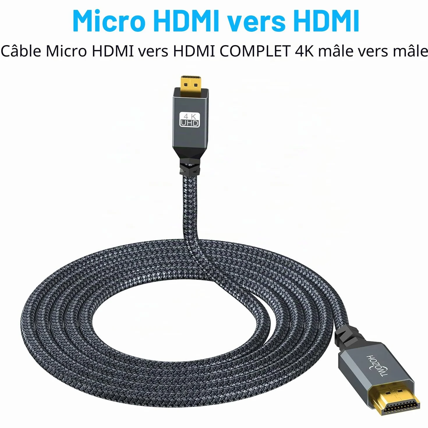 Twozoh Câble Micro HDMI vers HDMI 5M, Nylon tressé Câble HDMI A vers Micro HDMI D, Supporte 3D 4K/60Hz 2.0 1080p