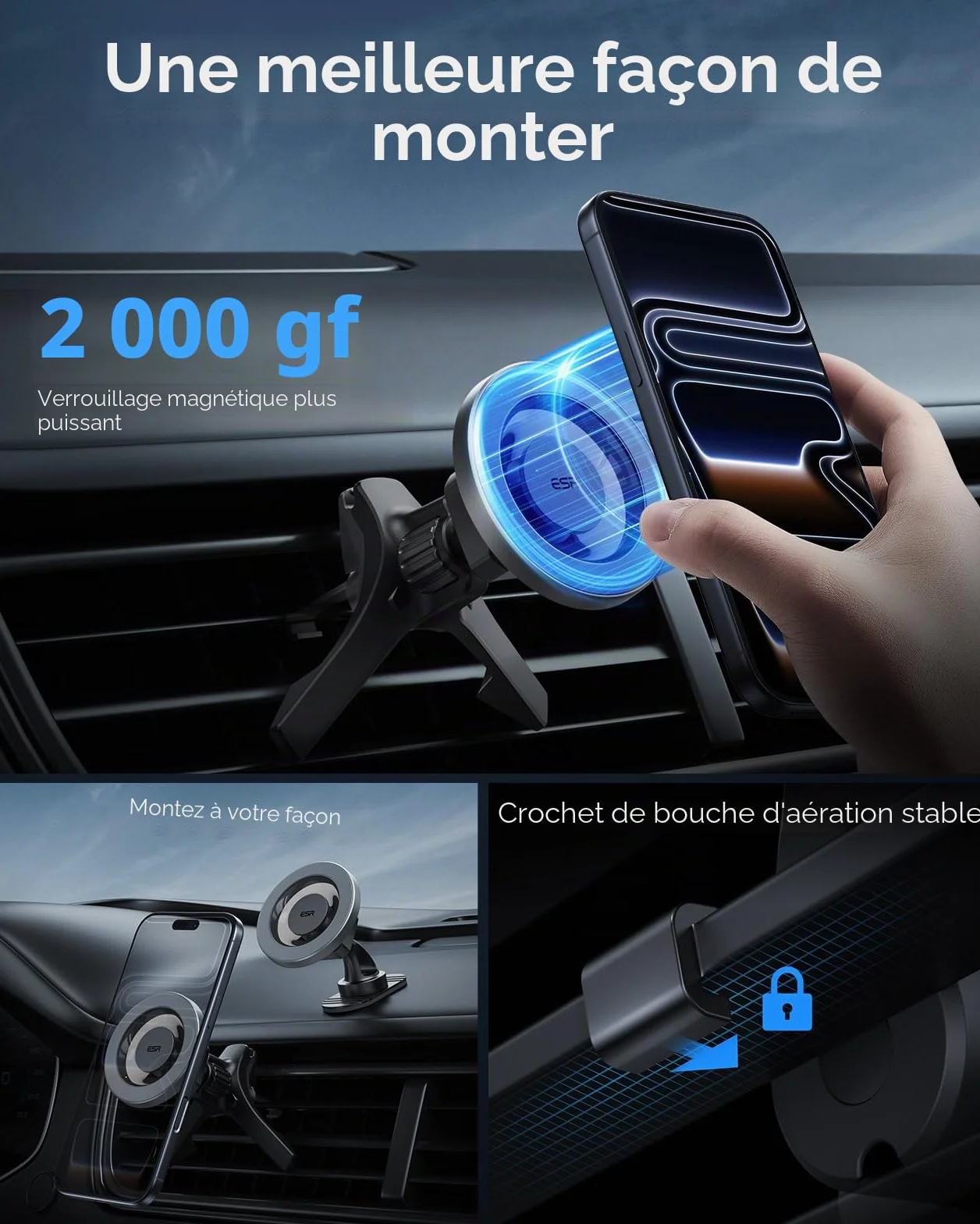 ESR Support Téléphone Voiture Magnétique pour MagSafe, grille d'aération/tableau bord Aimant Voiture Support pour iPhone 17e/Air/17/16/16e/15/14/13/12/Google Pixel 10/Samsung S26, tous les smartphones