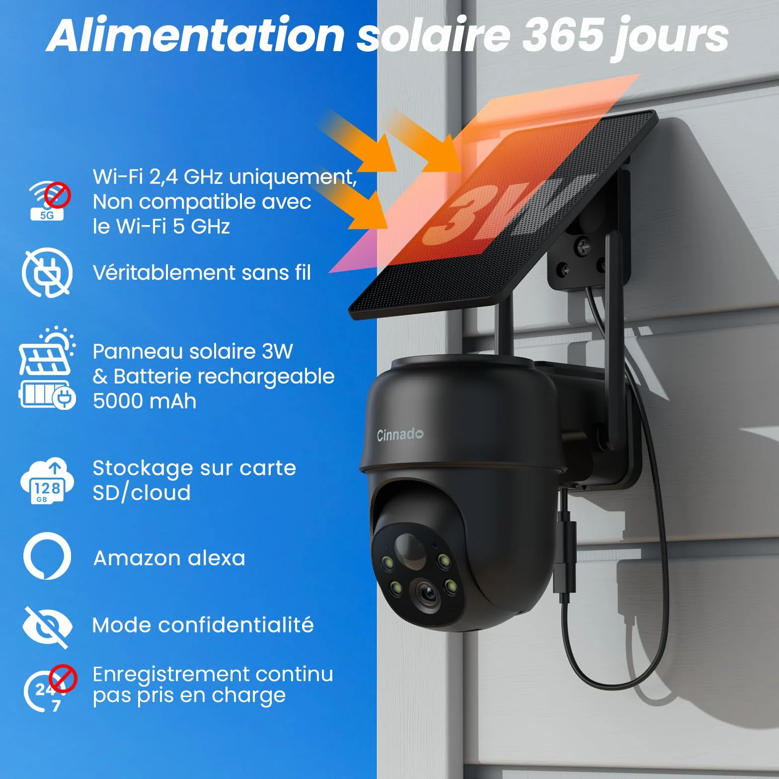 Cinnado Camera Surveillance WiFi Exterieure sans Fil - 2K Camera Exterieur sans Fil avec Panneau Solaire, 360° PTZ, Alerte Instantanée PIR, Vision Nocturne Couleur, Audio Bidirectionnel, B6 (Noire)