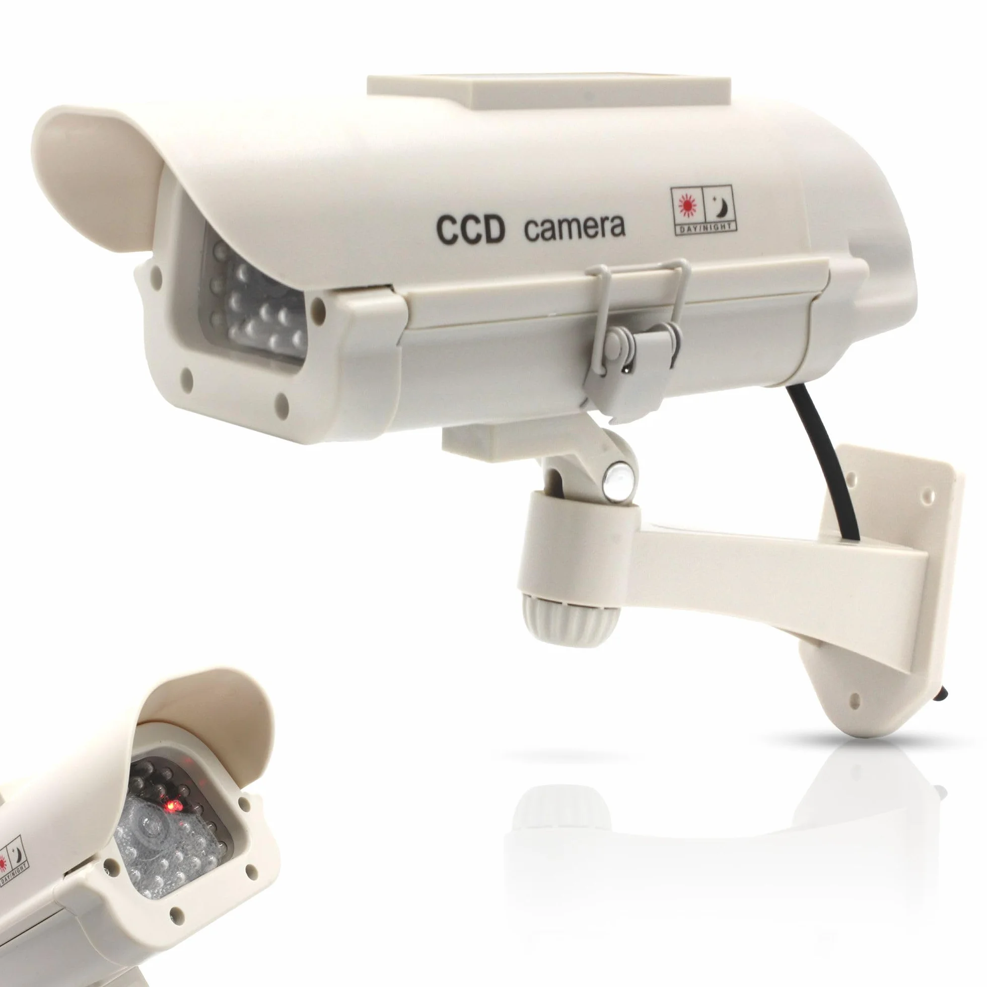 Fishtec ® Camera Factice Extérieur - Fausse Caméra de Vidéosurveillance avec LED Clignotante - Panneau Solaire - Usage Extérieur/Intérieur - Blanc