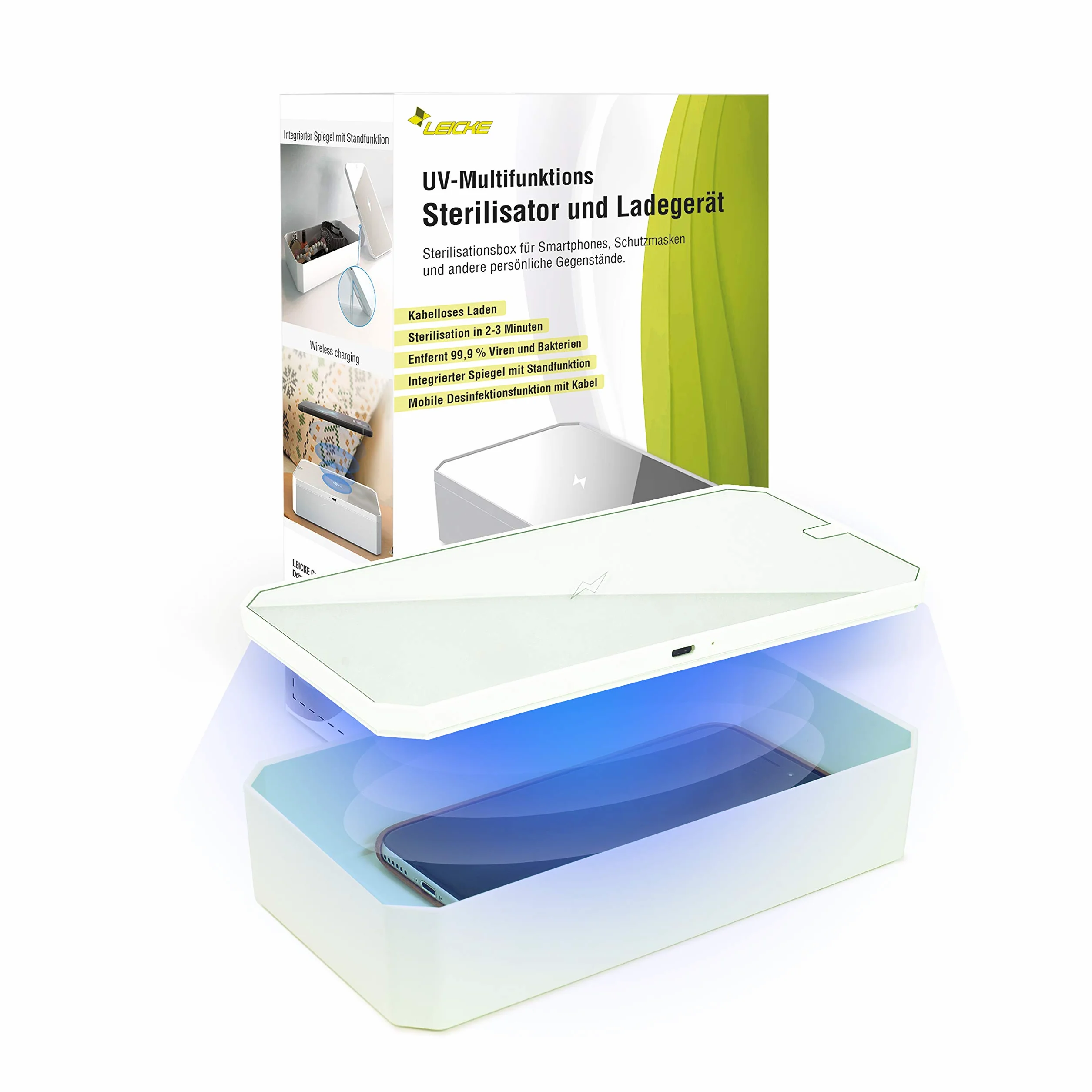 LEICKE Stérilisateur UV multifonction | désinfectant portable pour smartphones UV Idéal pour les téléphones portables, les masques, les bijoux, etc. Stérilisation rapide 99,9%.