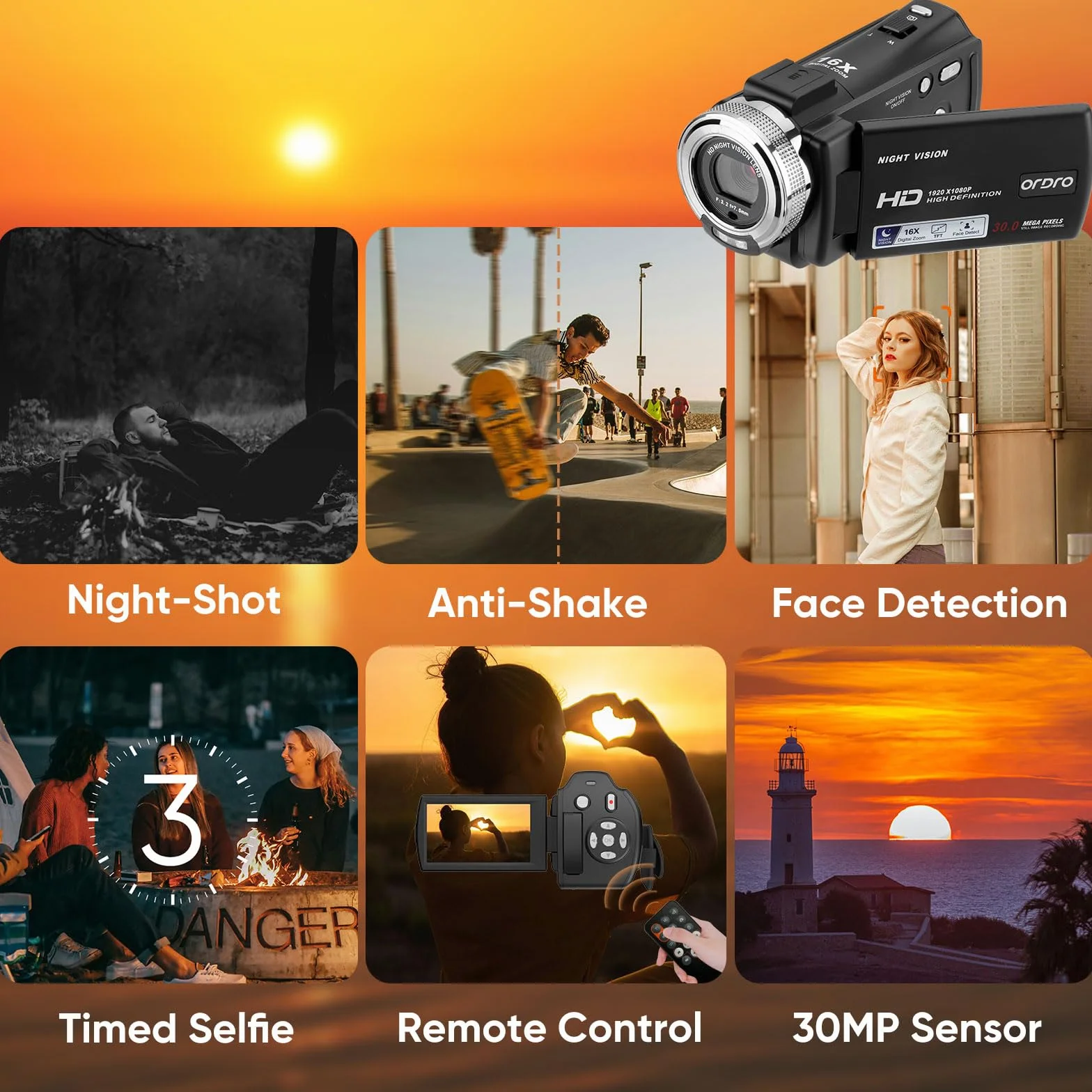 ORDRO Caméra Vidéo de Vision Nocturne Youtube Vlogging Camera Recorder FHD 1080P 15FPS 30MP 3,0 Pouces 270 Degrés de Rotation LCD Caméscope à Zoom Numérique 16X avec 2 Piles et Carte SD de 16 Go