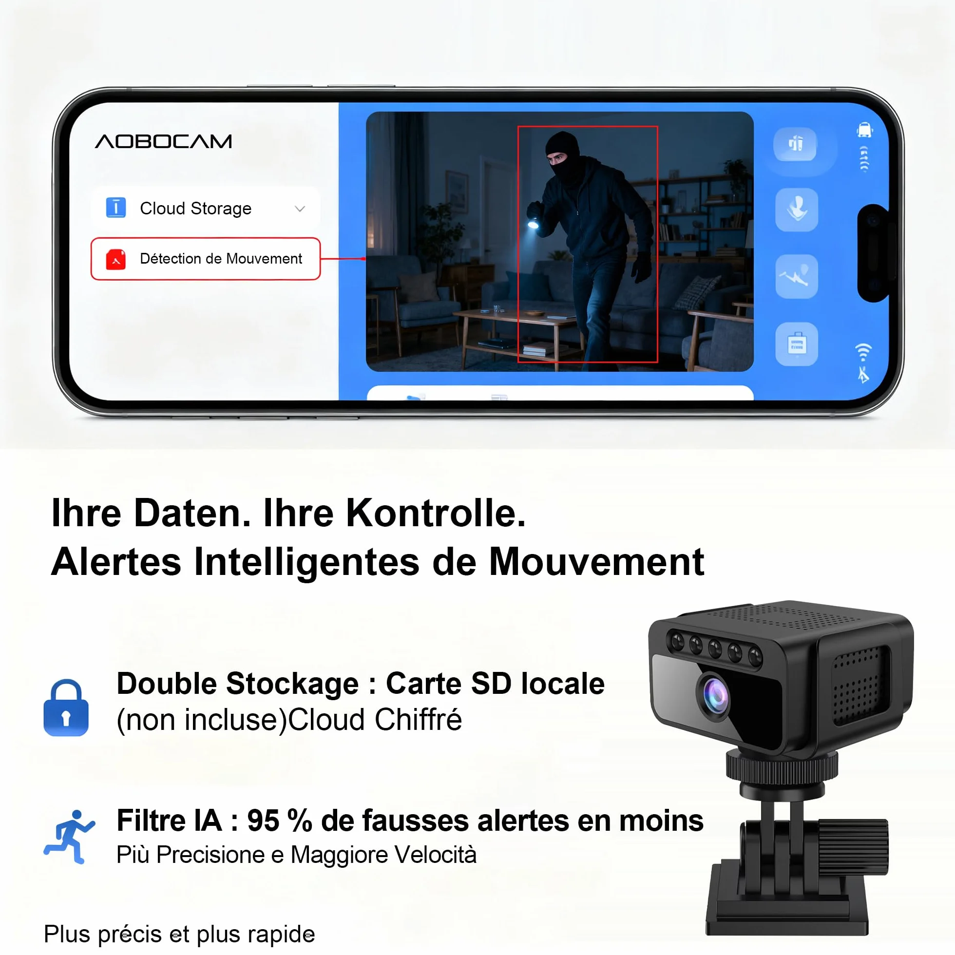 AOBOCAM Caméra Espion WiFi 4K avec Cloud Surveillance Intérieure sans Fil Vision Nocturne Grand Angle 150° Détection de Mouvement IA Mini Caméra de Sécurité