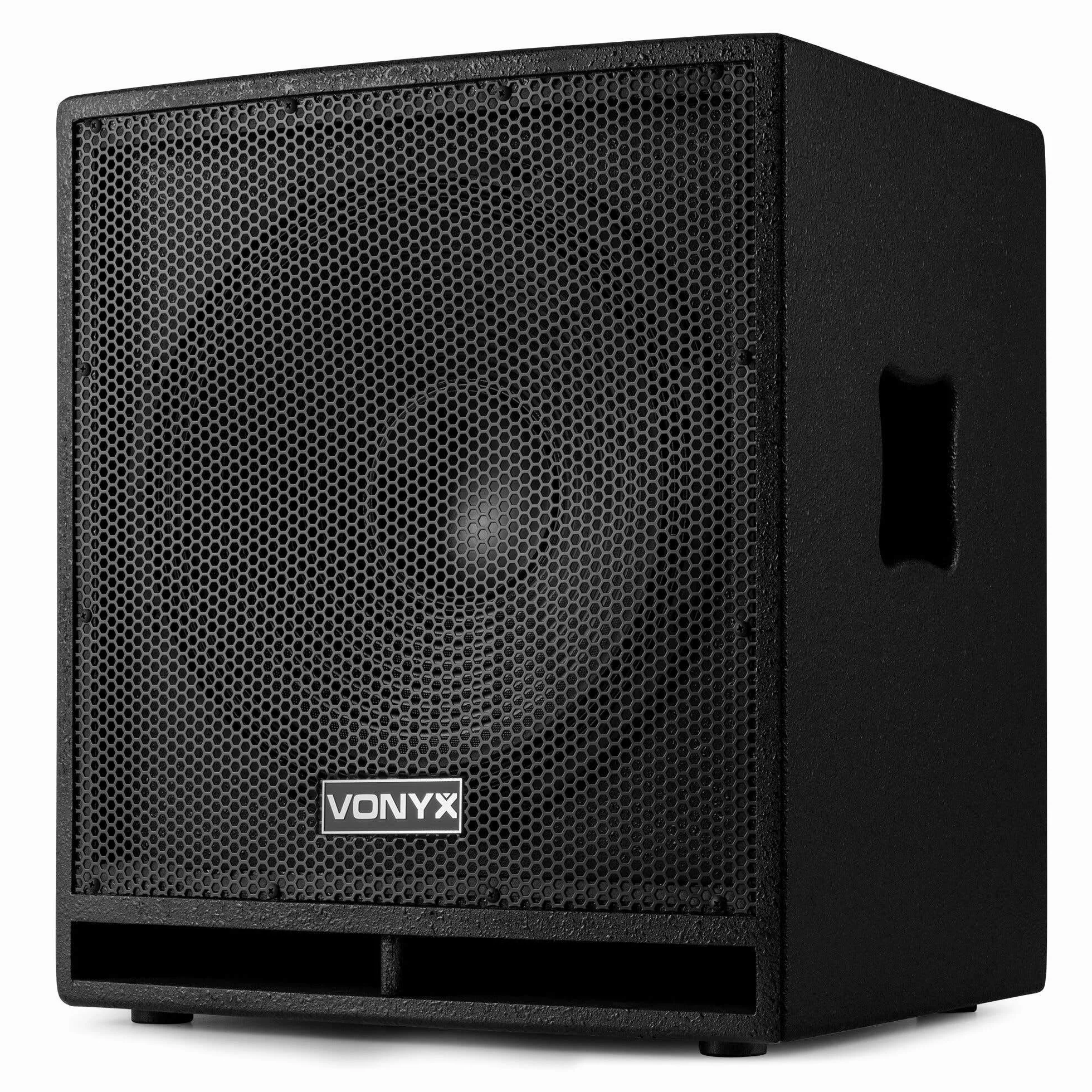 VONYX SWP15 Caisson de Basse Actif 800W, Phase Réglable, Entrée/Sortie XLR + RCA, Amplificateur Intégré, Insert sur la Face Supérieure pour Enceinte Active, Grave 15", Idéal pour DJ Mobile