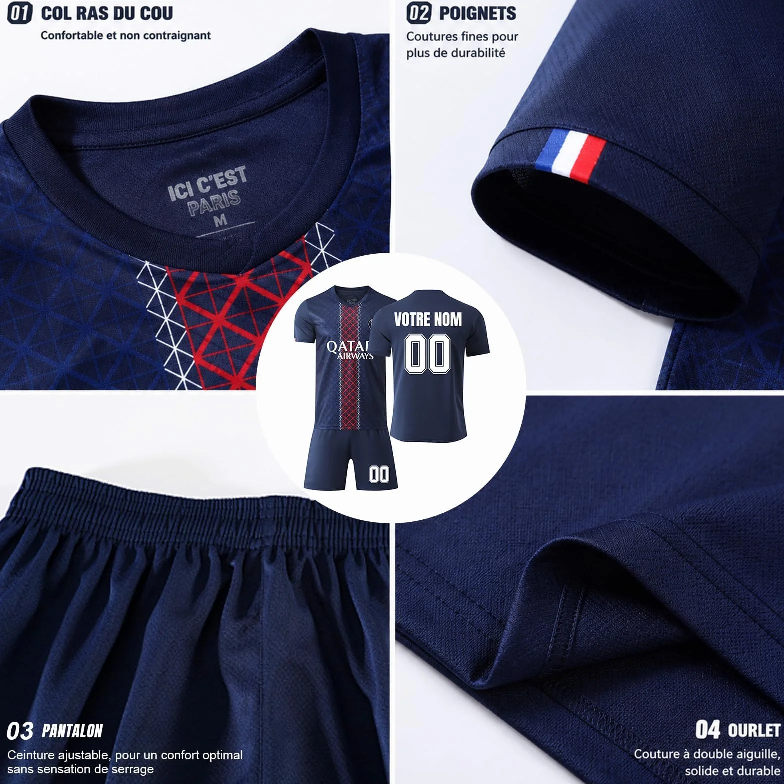 Maillot de Foot Enfant Adulte Personnalisé avec Nom et Numéro - Ensemble Jersey Domicile Extérieur avec Short et Chaussettes
