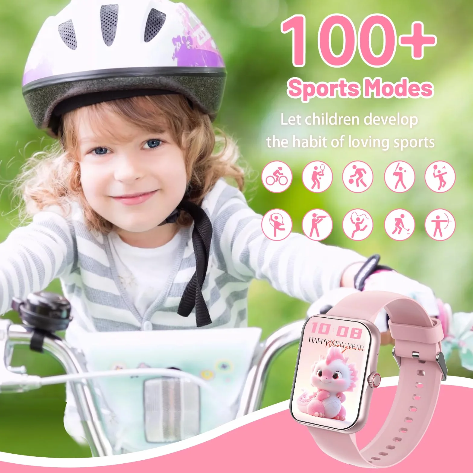 PTHTECHUS Montre Connectée Enfant avec Appel Bluetooth, 1,83" Fitness Tracker pour Garçon Fille 5-16 Ans, 120+ Modes Sport Podomètre Réveil Jeux Étanche IP68 Cadeau Anniversaire, Rose
