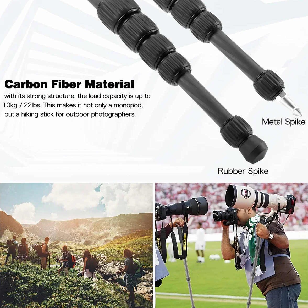Koolehaoda Monopode en Fibre de Carbone, Monopode Compact et Portable à 6 Sections pour Appareil Photo. Charge maximale : 10 kg - MP286C