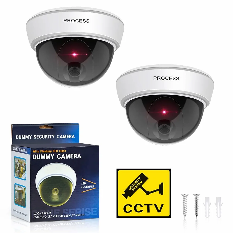 ERWEY Lot de 2 Caméras Factices Extérieur & Intérieur, Fausse Caméra de Surveillance Dôme avec Lumière LED Rouge Clignotante & Autocollants CCTV, pour Mur et Plafond (Blanc)