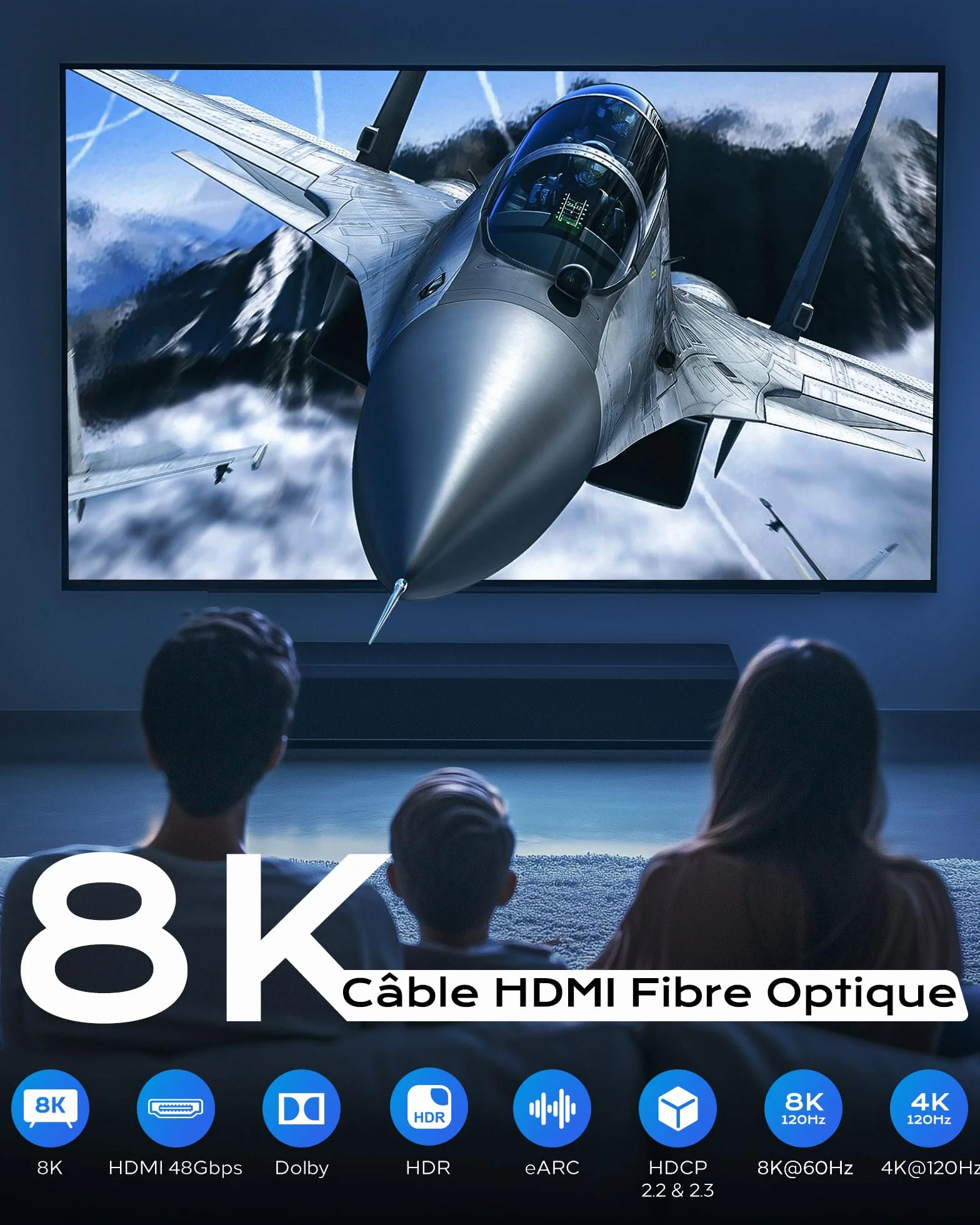 Cratree Câble HDMI Fibre Optique 15m- Câble HDMI 48gbps, 8K@60HZ, 4k@120hz, HDCP 2.2 et 2.3, hdr10, Compatible avec PS5 Blu-Ray HDTV Projecteur Moniteur