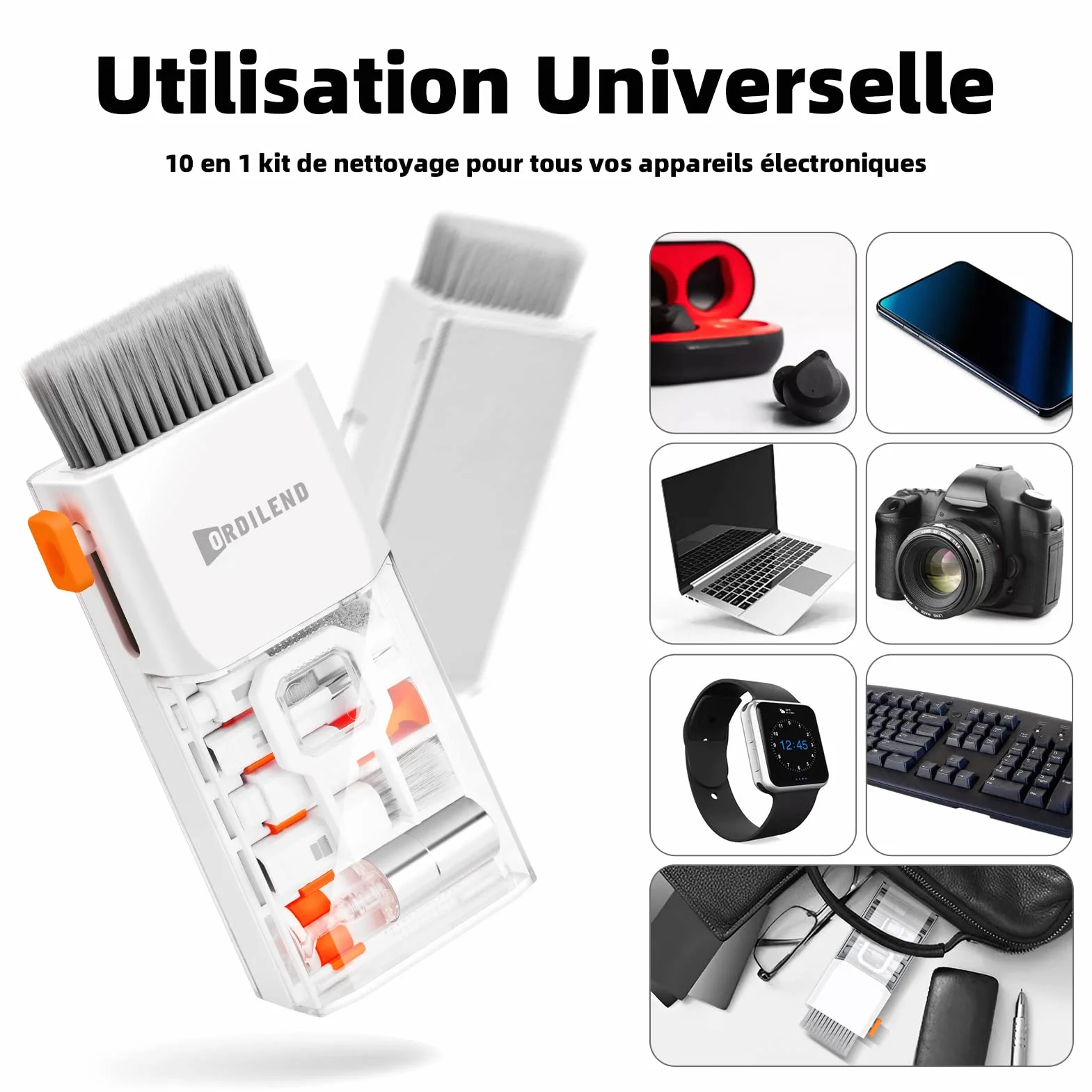 Ordilend Kit de Nettoyage pour iPhone Airpods Claviers Ordinateurs et Tablettes,Nettoyeur d'écran Multifonctionnel pour Ecouteurs,Téléphones,Appareils Photo,Tout-en-Un avec Brevet-Blanc