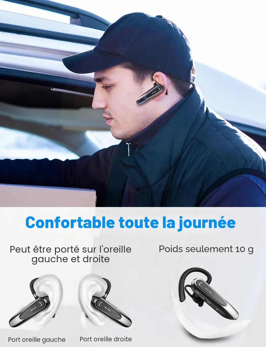 New Bee Oreillette Bluetooth sans Fil avec Dual Mic V5.0 Main Libre Bluetooth Oreillette avec 20H de Temps de Conversation Mic Mute Connexion de Deux Appareils pour iPhone, Android et PC