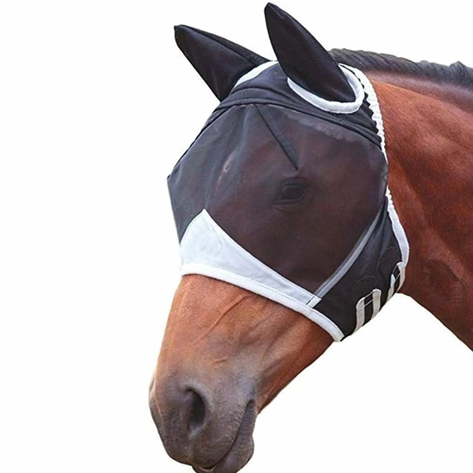 Masque anti-mouches cheval protection nasale UV, couvre-nez maille respirante poney cob shetland, fermeture velcro réglable