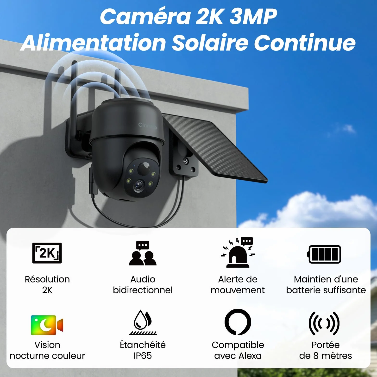 Cinnado Camera Surveillance WiFi Exterieure sans Fil - 2K Camera Exterieur sans Fil avec Panneau Solaire, 360° PTZ, Alerte Instantanée PIR, Vision Nocturne Couleur, Audio Bidirectionnel, B6 (Noire)