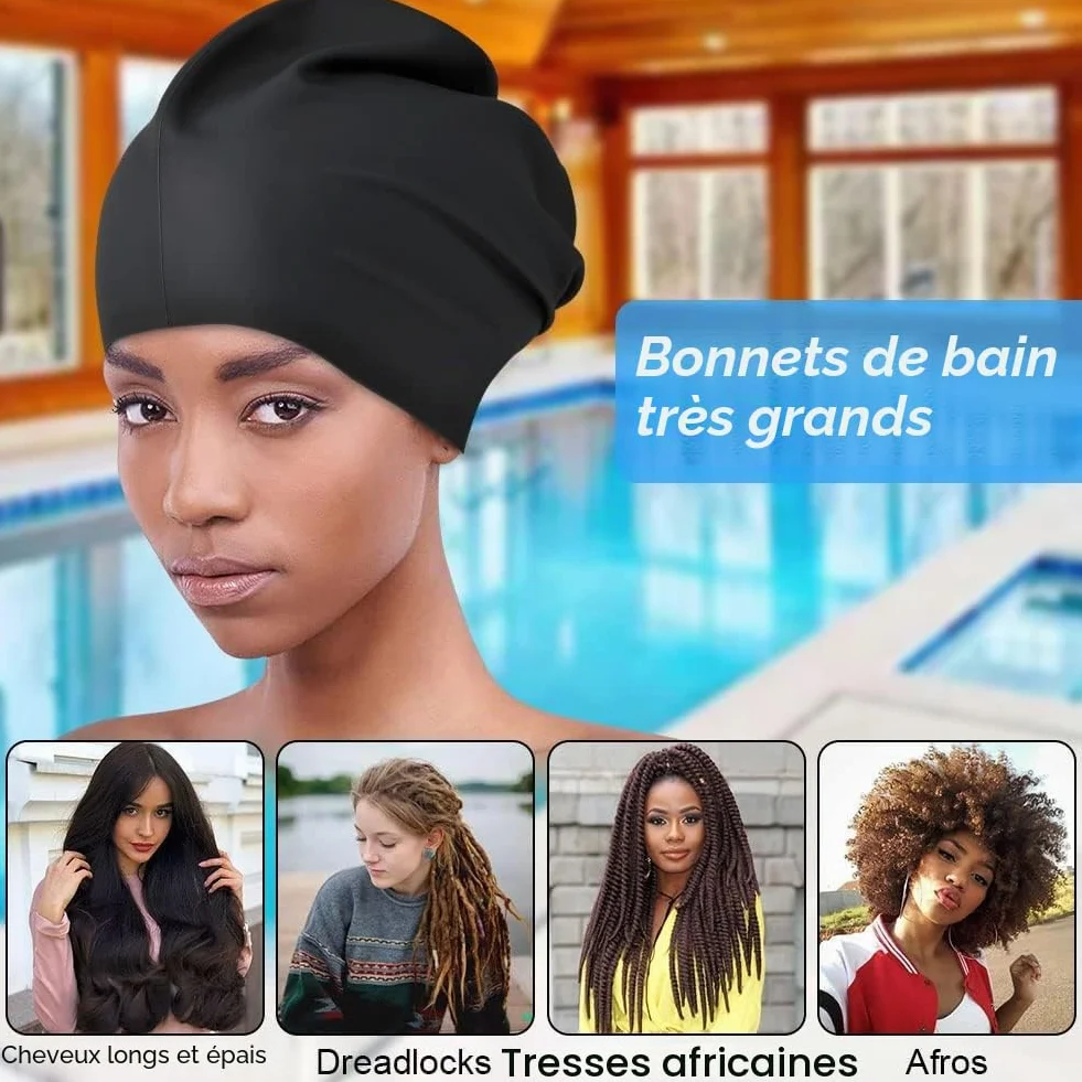Bonnet de Bain Grand Silicone Imperméable Extra-Large pour Cheveux Longs Homme Femme