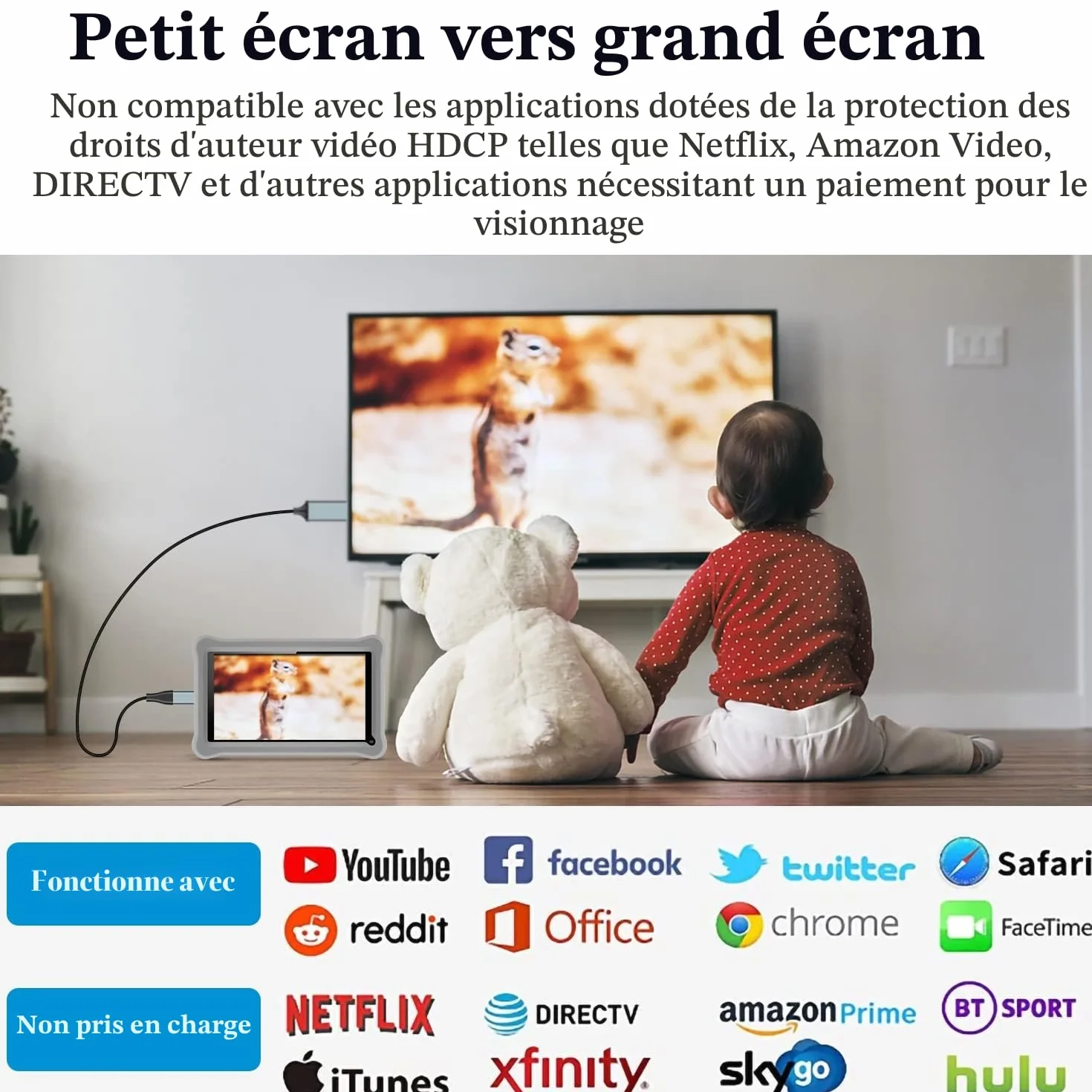 Adaptateur Lightning vers HDMI 2.0m pour iPhone 14/13/12 & YouTube vers TV - Résolution HD 1080P (iOS 18/17 - Non Compatible iPhone 16/15/Netflix)