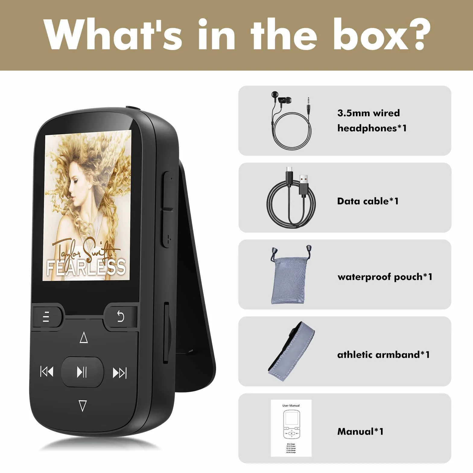 Lecteur MP3 Bluetooth 5.3 64 Go avec Clip, Radio FM, HiFi Portable, Noir