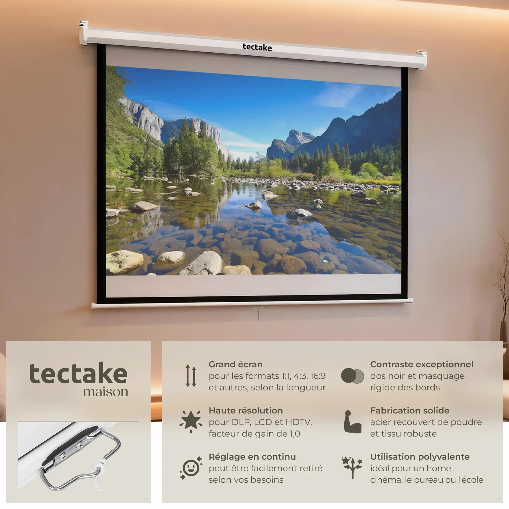 Tectake Écran de Projection 203x203cm 110" 1:1/16:9/4:3 Enroulable Fixation Murale Plafond