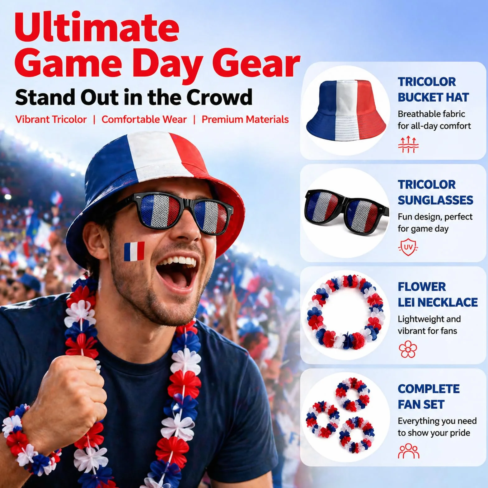 Ensemble Accessoires de Supporters France 11 Pièces avec Chapeau de Pêcheur