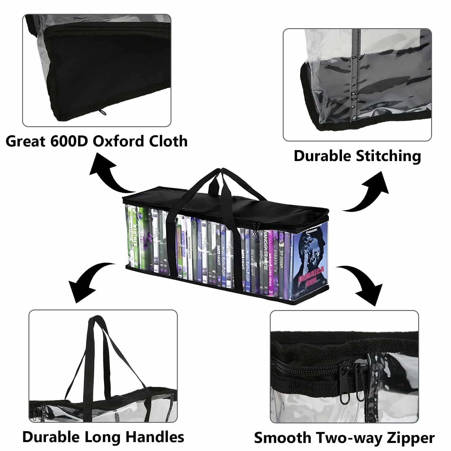 61x14x22cm Sacs de Rangement en Tissu Oxford PVC, Étui Transparent Grande Capacité avec Poignées Renforcées, Organisateur Portable pour Transport CD DVD Jeux Vidéo Livres Albums