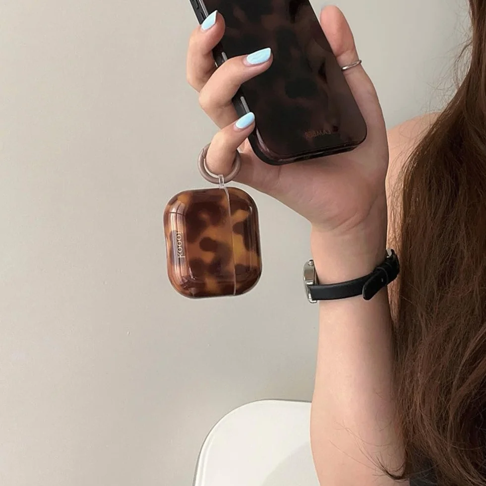 Etui Coque AirPods Pro 3 Génération Antichoc Brun Imprimé Léopard Amber Tortue Pattern Porte-Clés