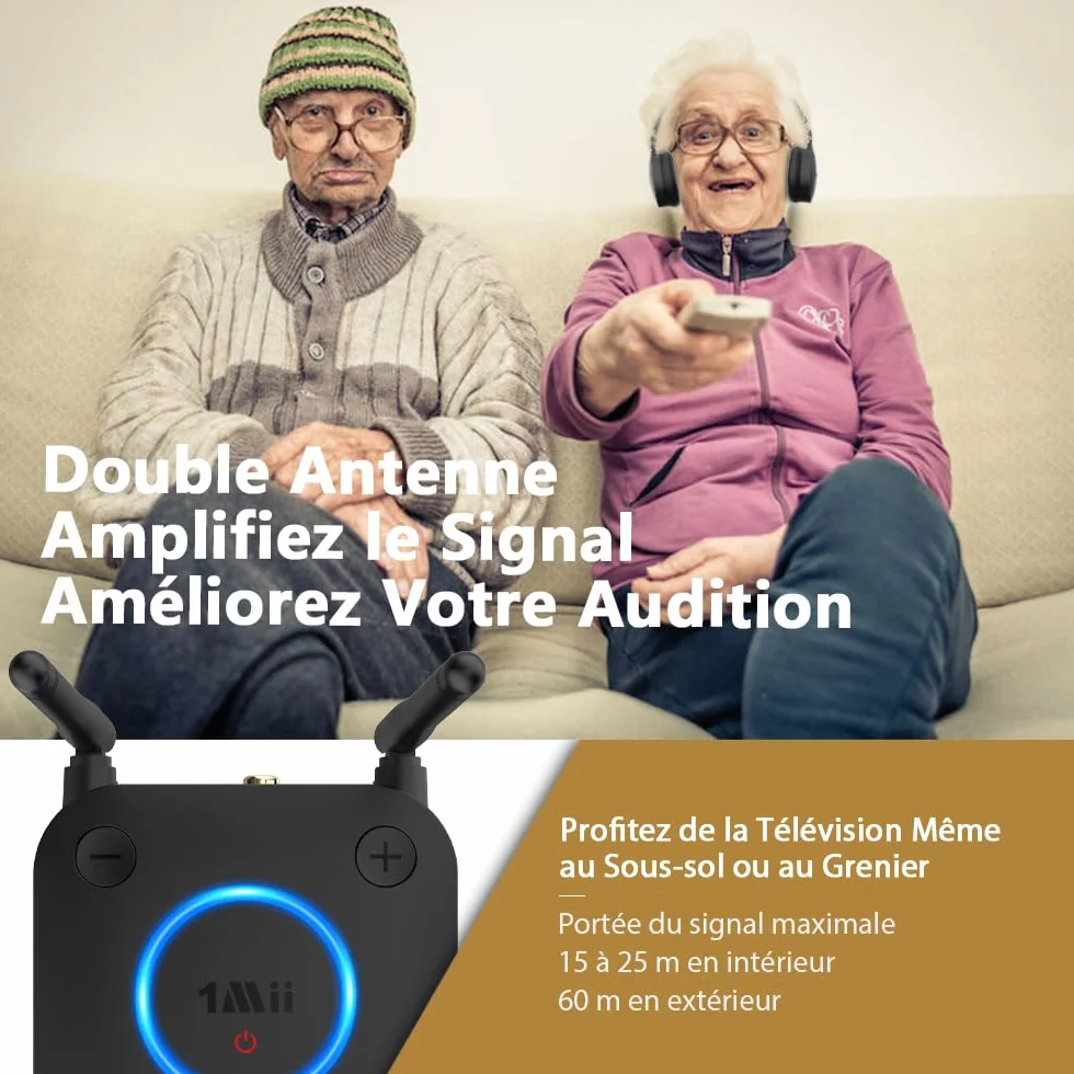 1Mii B06TX Émetteur Audio Bluetooth 5.3 pour TV, Transmetteur Adaptateur Bluetooth pour 2 Casques, aptX Faible Latence et HD, Longue Portée, Contrôle du Volume, AUX RCA Optique Coaxiale [Upgraded]