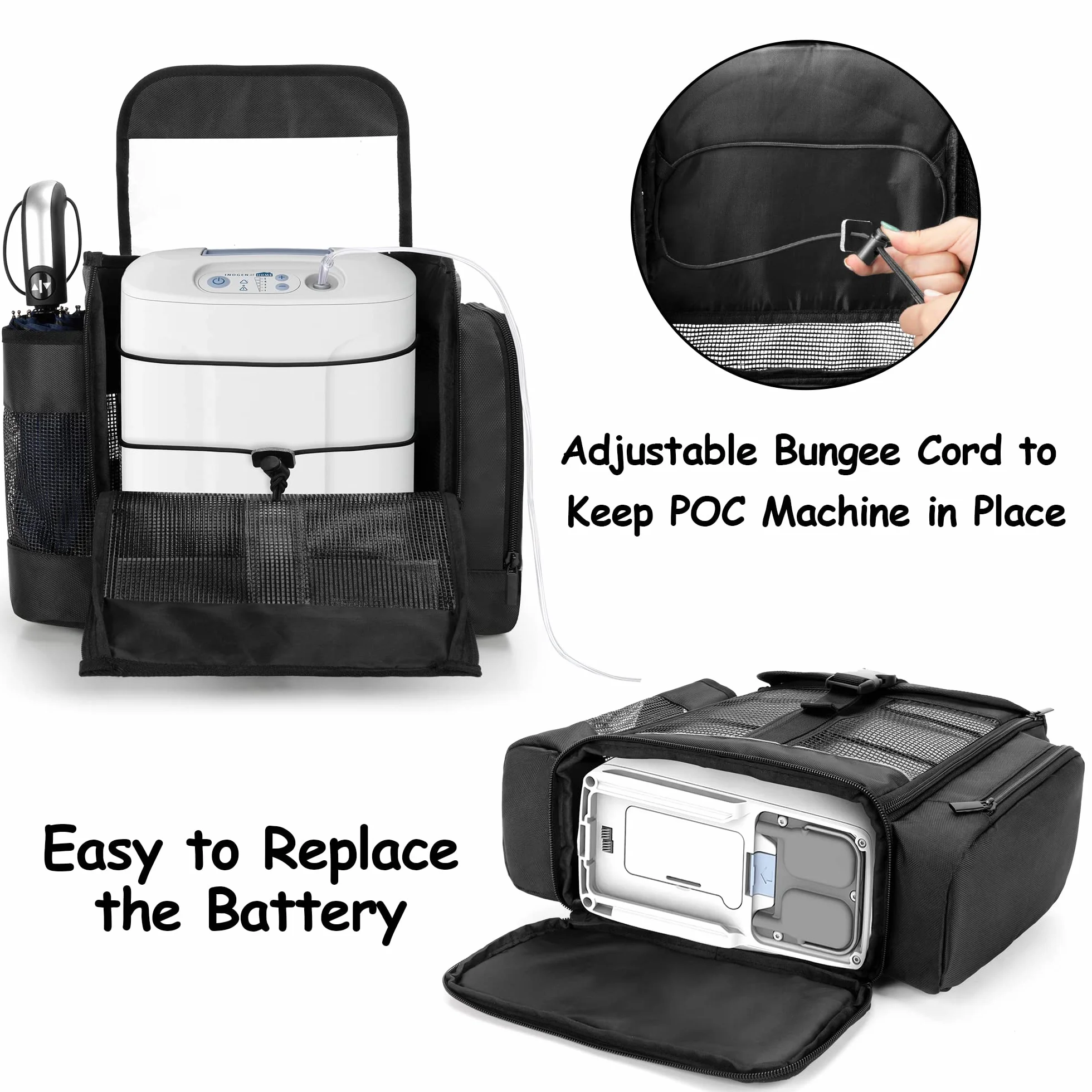 CURMIO Sac à dos portable pour concentrateur d'oxygène compatible avec Inogen One, Oxygo, Caire Units, SimplyGo Mini, POC Sac de voyage pour l'appareil et les accessoires, (Design Breveté), Noir