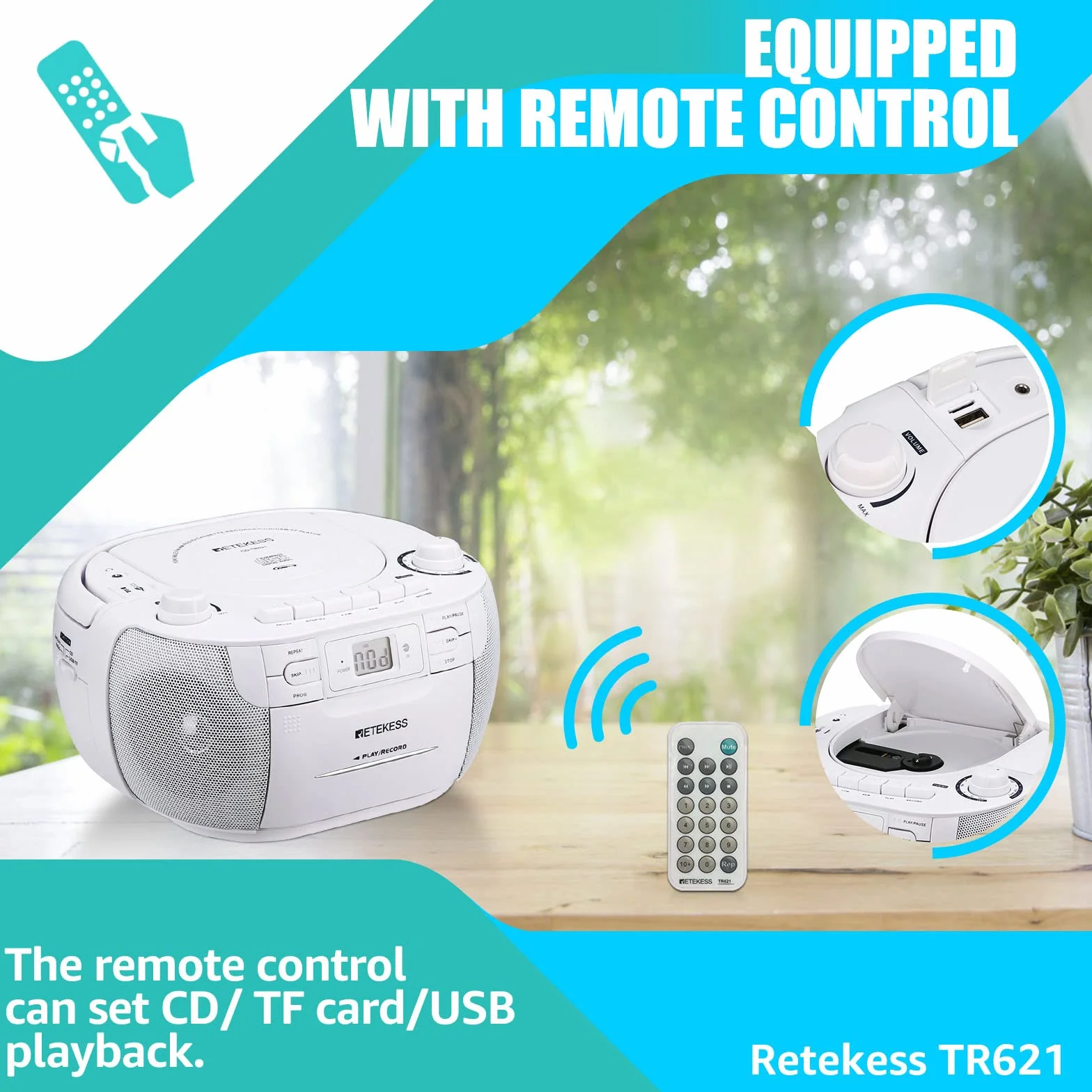 Retekess TR621 Poste Radio CD Lecteur Cassette Audio Boombox Stereo Enregistrement Télécommande USB TF Casque Radio Portable Blanc