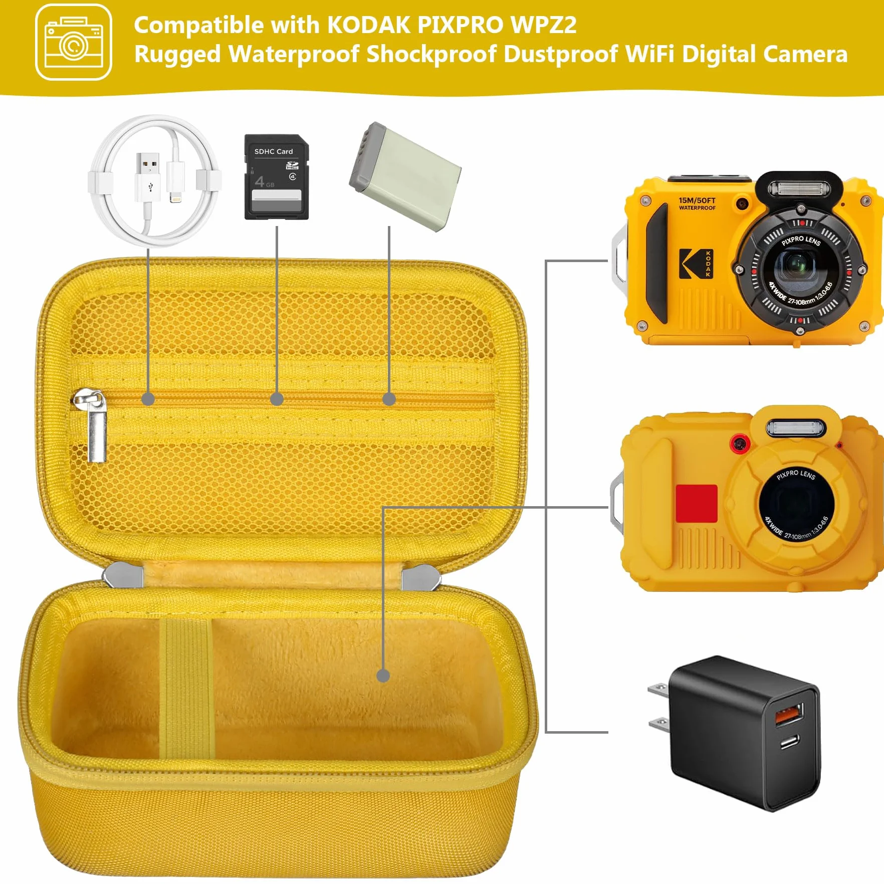Étui de Protection Dur pour Kodak PIXPRO WPZ2 Robuste imperméable aux Chocs Poussière WiFi Caméra Numérique Jaune