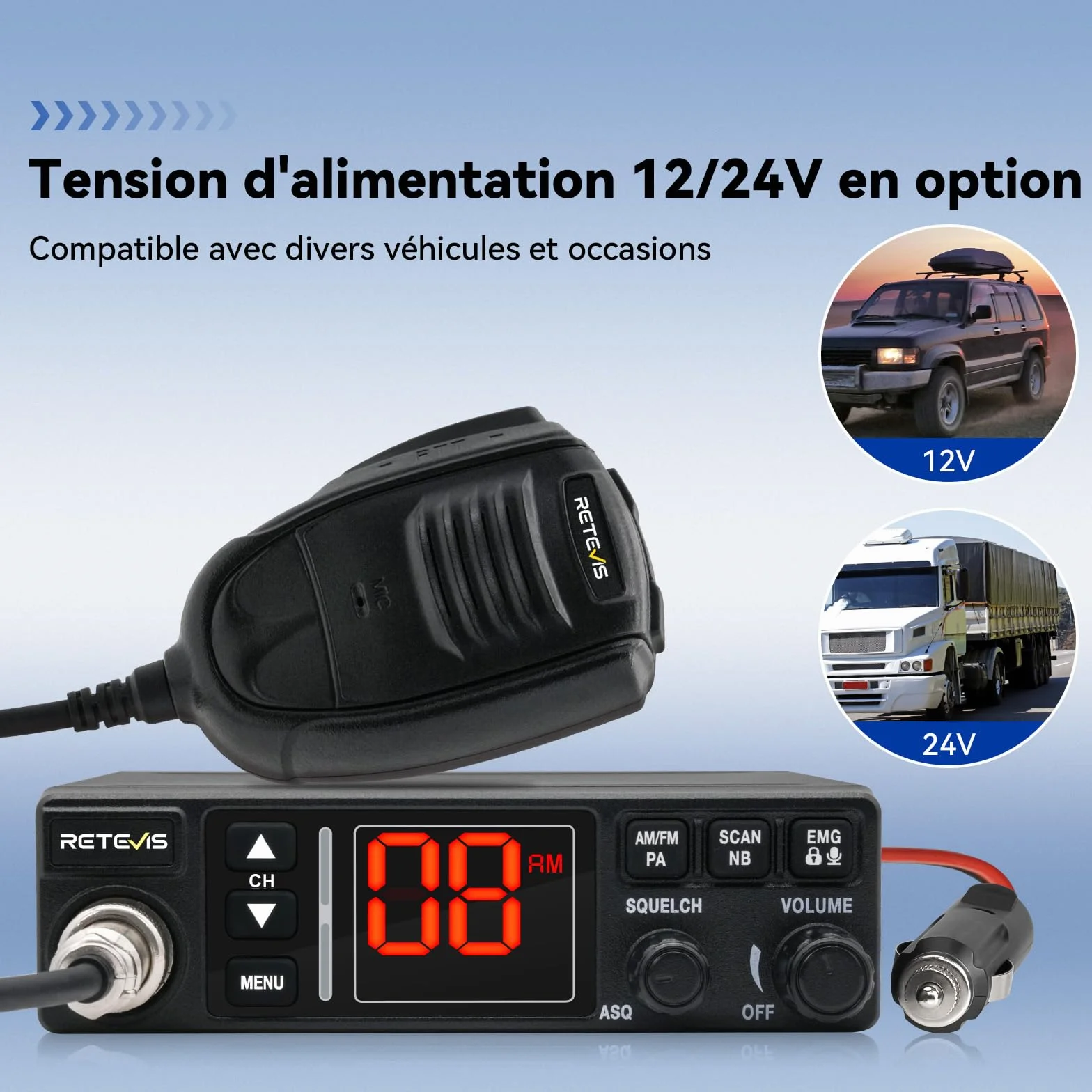 Retevis MB63A CB Radio AM/FM Portable 12V/24V VOX Camping-Car